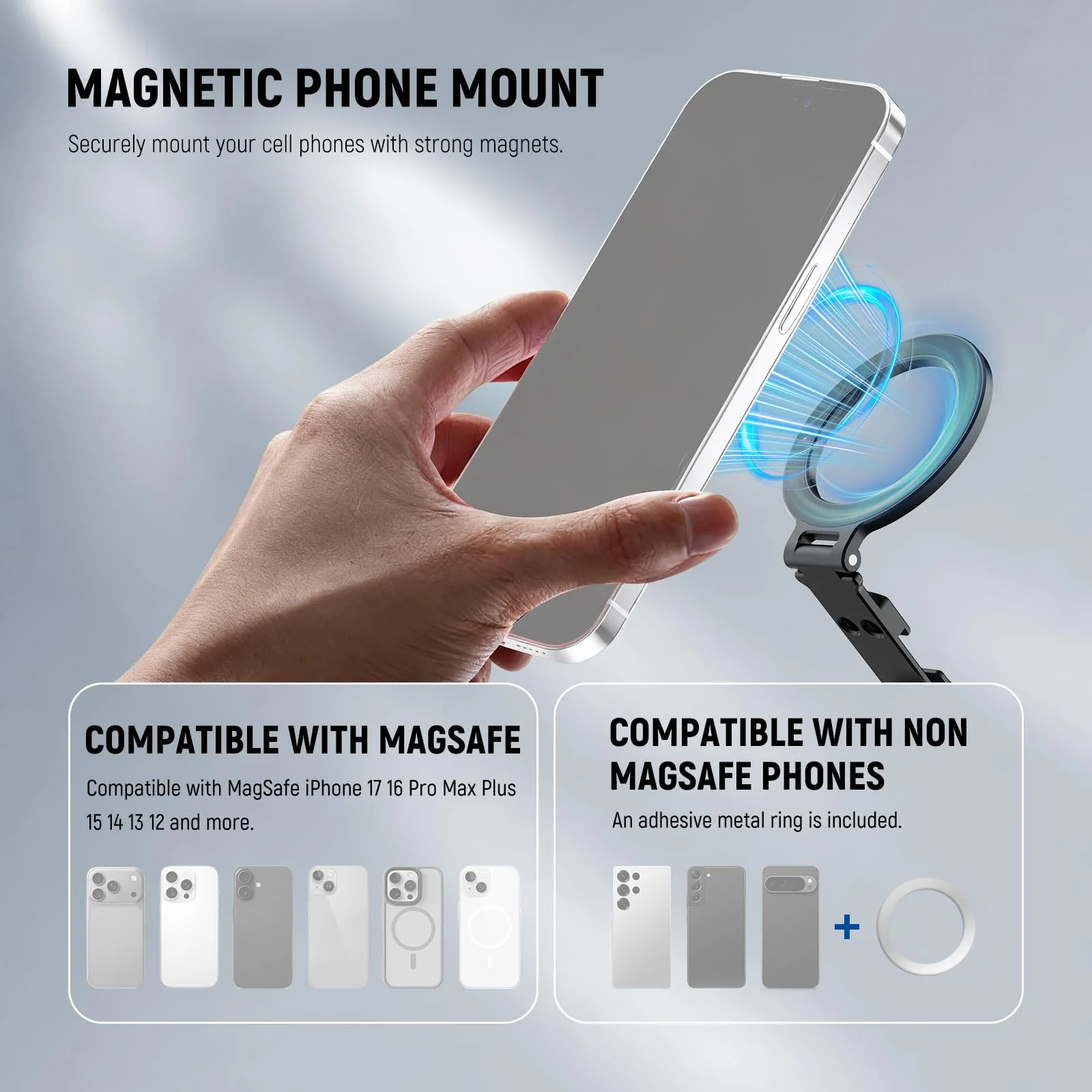 NEEWER Magnetic Tripod Phone Mount Cold Shoe Adapter, Aluminum Compact Lightweight Portable Phone Holder Attachment for Camera, Compatible with MagSafe iPhone Samsung Android Video Recording, CA163 - Image 3