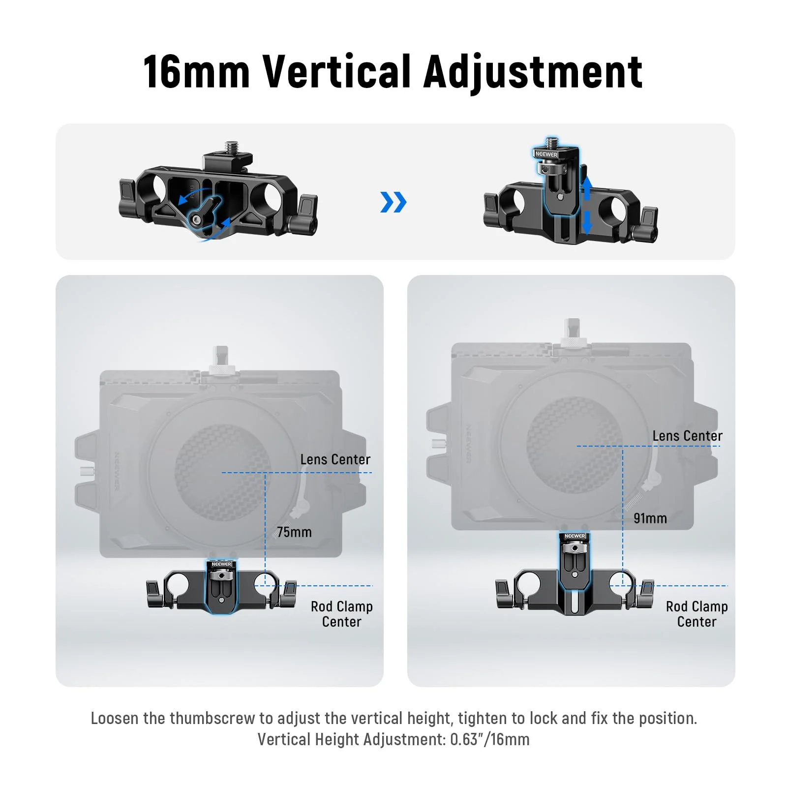 NEEWER Matte Box Support, LWS 15mm Dual Rod Clamps with 1/4" Screw & 0.9"/22mm Vertical Adjustment, Compatible with SmallRig NEEWER Mini Matte Boxes, PG013 - Image 3
