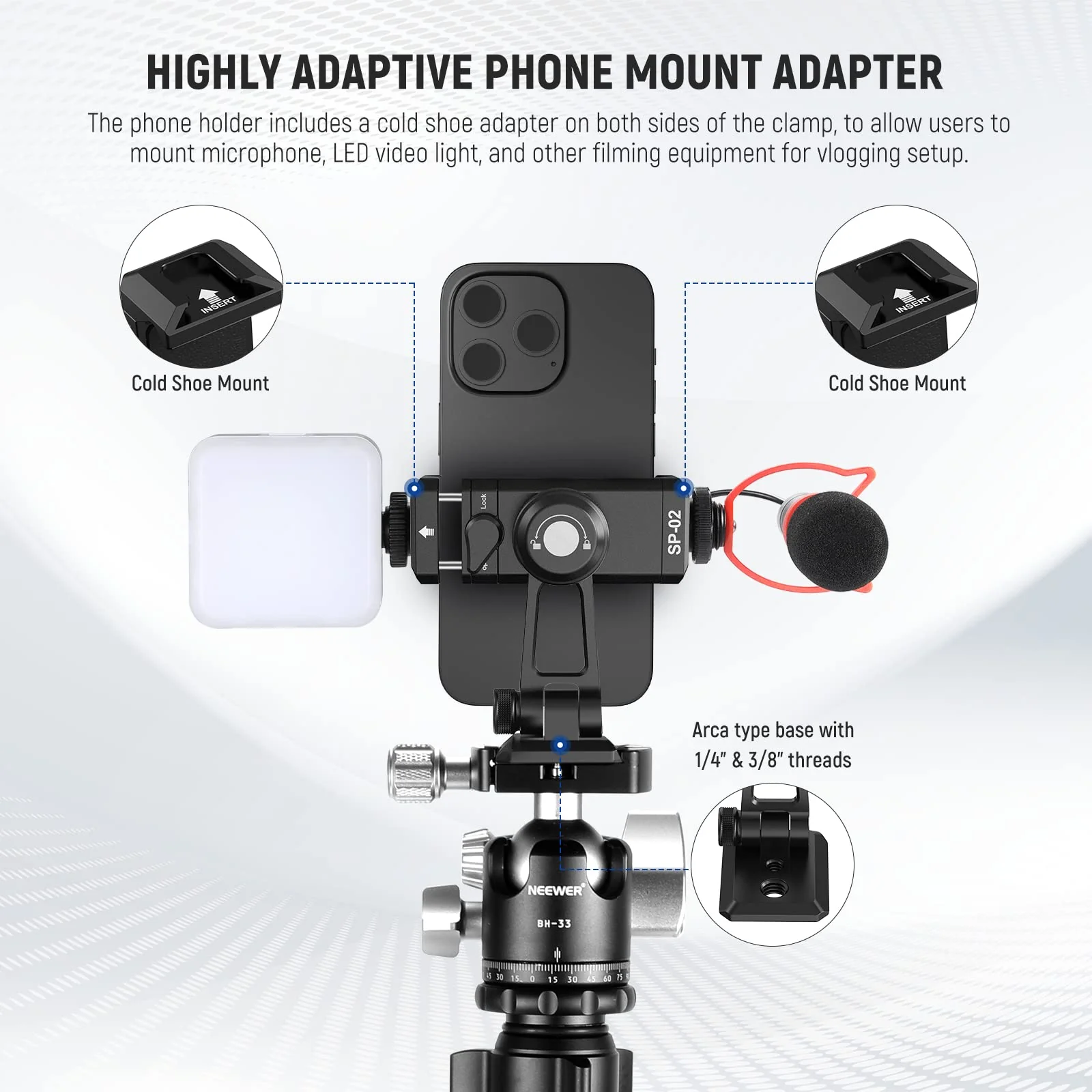 NEEWER Metal Phone Tripod Mount Adapter with Arca QR Base, Cold Shoe, 360° Swivel 180° Tilt, Phone Holder Compatible with iPhone 15 Pro Max Galaxy S24 SP-02 - Image 2