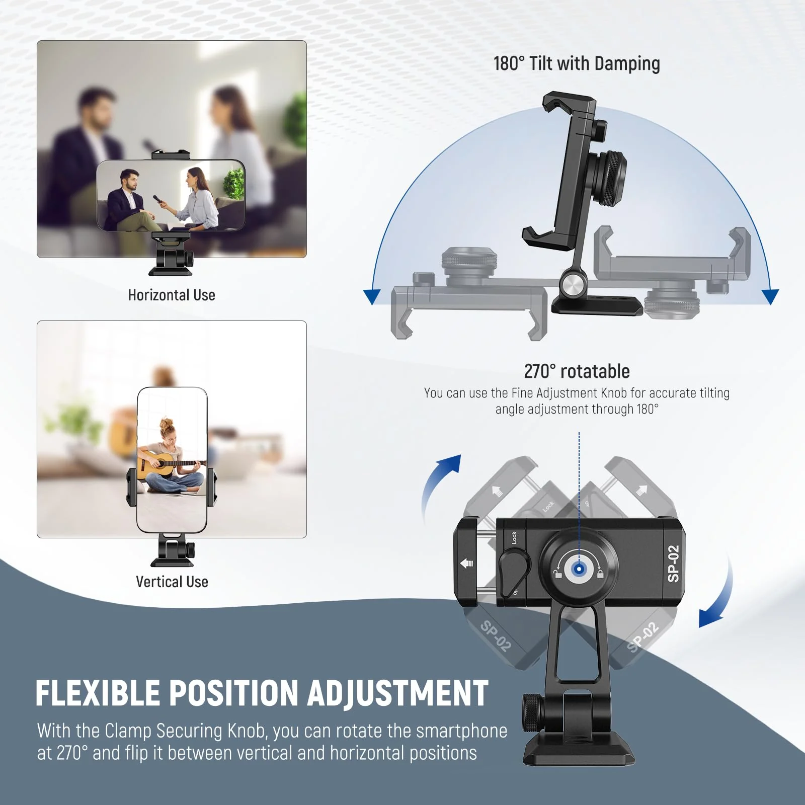NEEWER Metal Phone Tripod Mount Adapter with Arca QR Base, Cold Shoe, 360° Swivel 180° Tilt, Phone Holder Compatible with iPhone 15 Pro Max Galaxy S24 SP-02 - Image 4