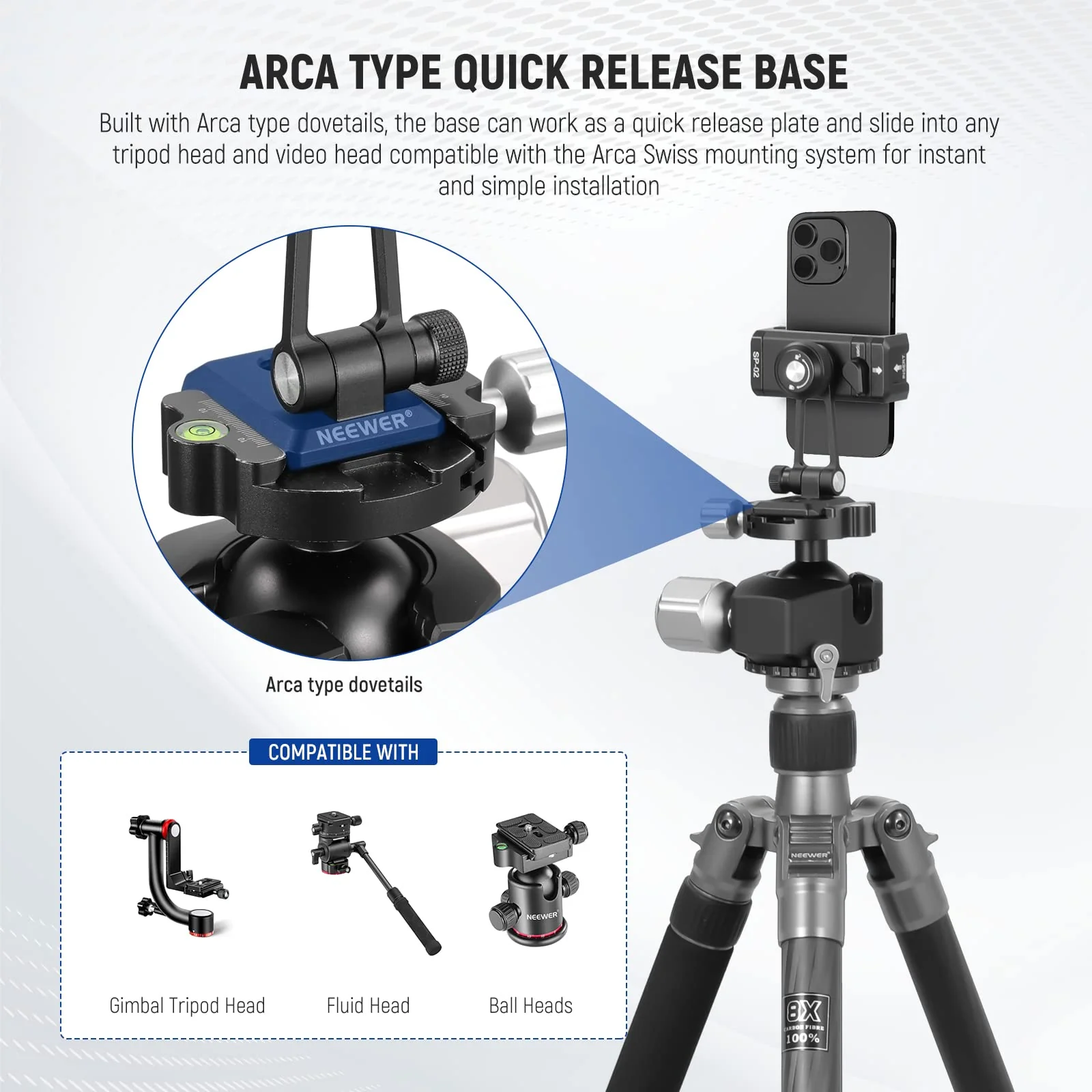 NEEWER Metal Phone Tripod Mount Adapter with Arca QR Base, Cold Shoe, 360° Swivel 180° Tilt, Phone Holder Compatible with iPhone 15 Pro Max Galaxy S24 SP-02 - Image 5