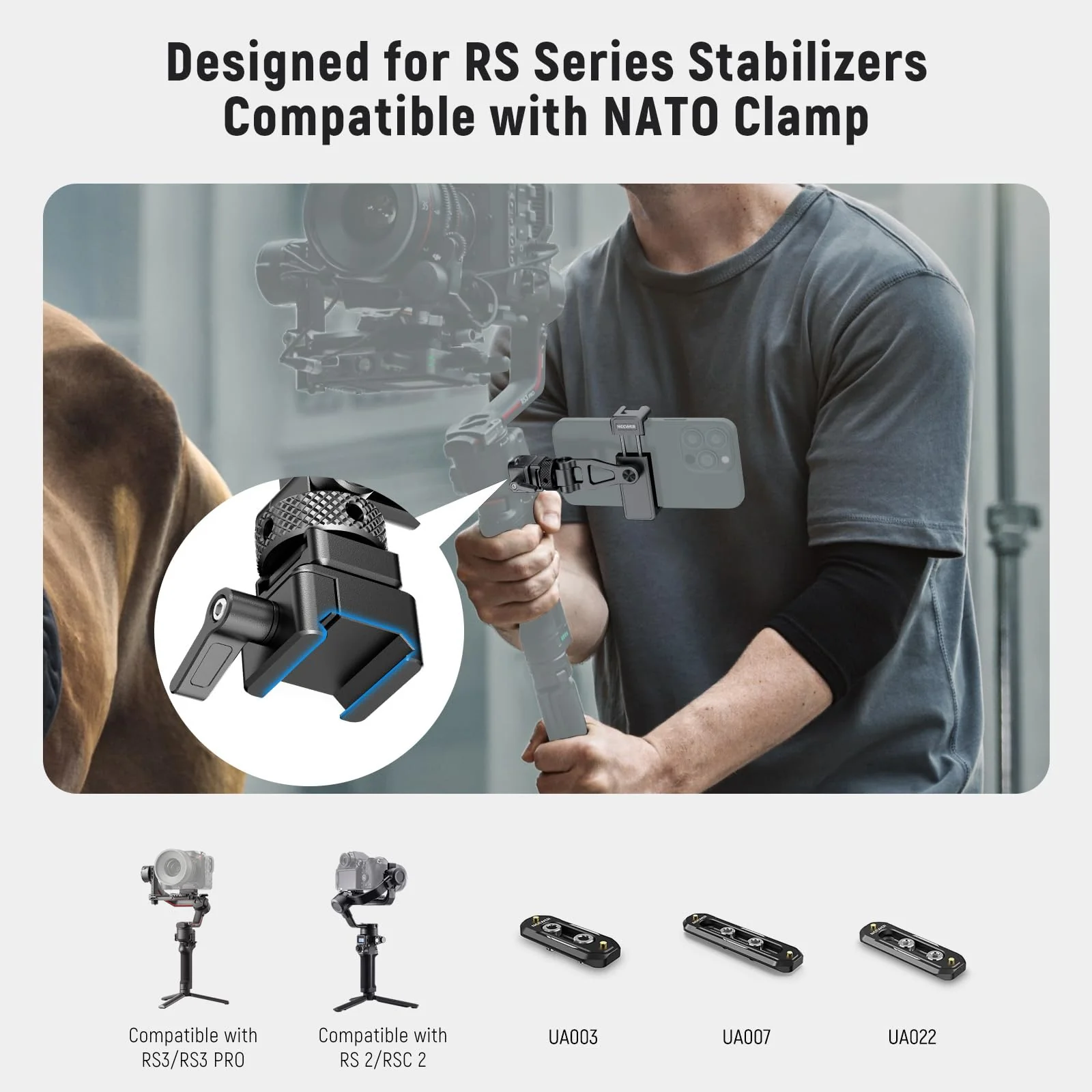 NEEWER Metal Phone Tripod Mount with Cold Shoe NATO Clamp Compatible with DJI RS5 RS4 RS3 Pro RS2 RSC2 Gimbal Stabilizer, 180° Tilt Phone Clip Holder Compatible with iPhone 15 Pro Camera Cage, GA010 GA010 with Nato Clamp - Image 2