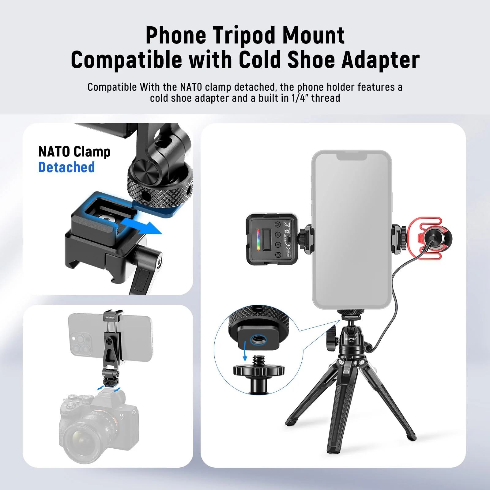 NEEWER Metal Phone Tripod Mount with Cold Shoe NATO Clamp Compatible with DJI RS5 RS4 RS3 Pro RS2 RSC2 Gimbal Stabilizer, 180° Tilt Phone Clip Holder Compatible with iPhone 15 Pro Camera Cage, GA010 GA010 with Nato Clamp - Image 3