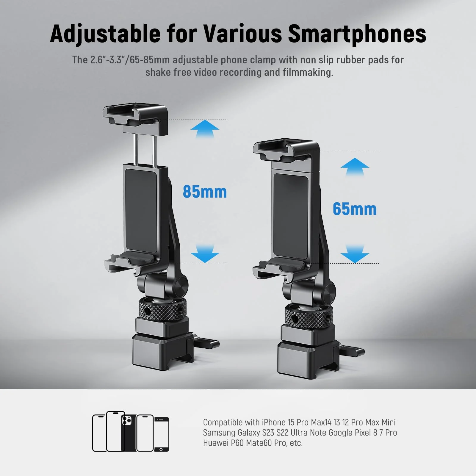 NEEWER Metal Phone Tripod Mount with Cold Shoe NATO Clamp Compatible with DJI RS5 RS4 RS3 Pro RS2 RSC2 Gimbal Stabilizer, 180° Tilt Phone Clip Holder Compatible with iPhone 15 Pro Camera Cage, GA010 GA010 with Nato Clamp - Image 5