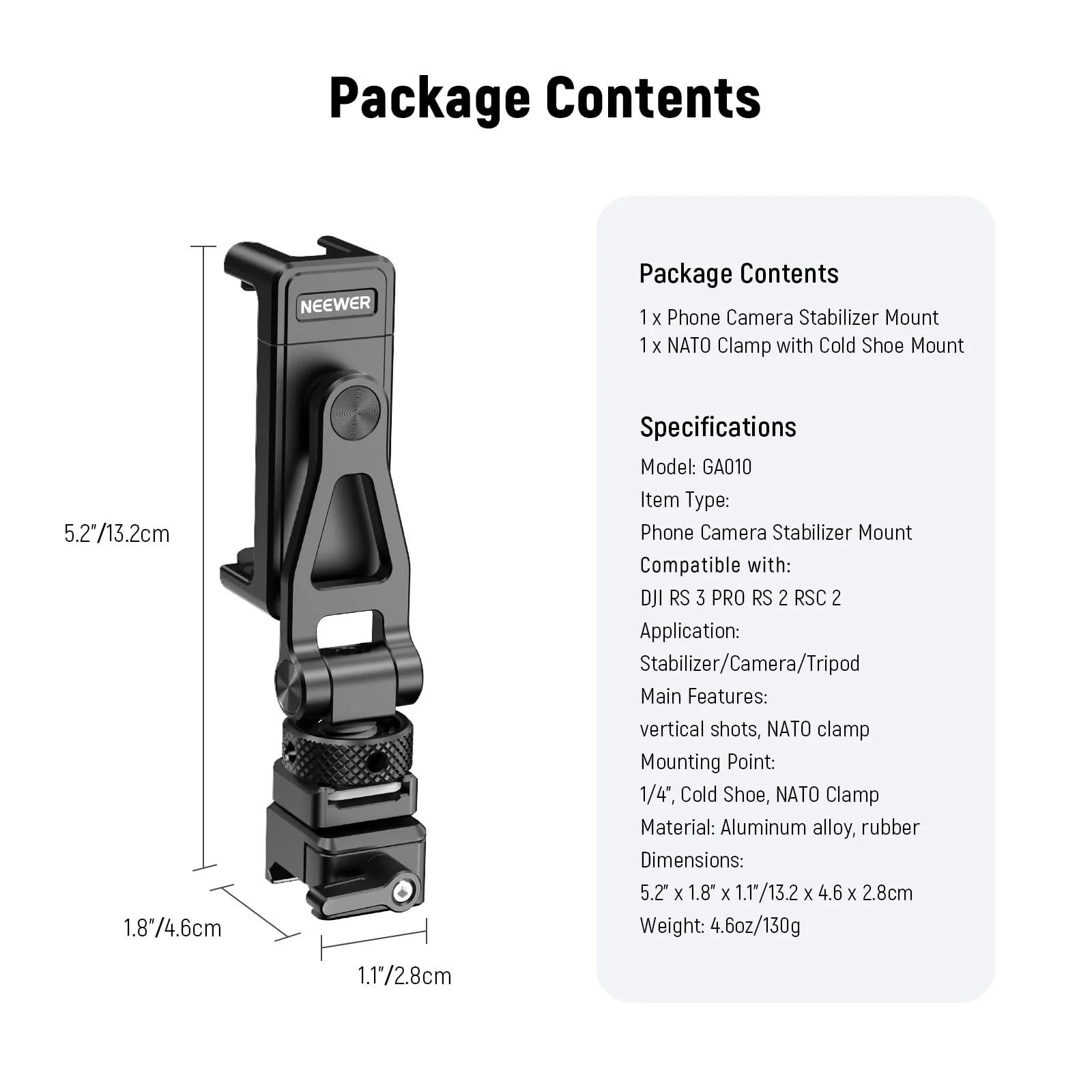 NEEWER Metal Phone Tripod Mount with Cold Shoe NATO Clamp Compatible with DJI RS5 RS4 RS3 Pro RS2 RSC2 Gimbal Stabilizer, 180° Tilt Phone Clip Holder Compatible with iPhone 15 Pro Camera Cage, GA010 GA010 with Nato Clamp - Image 8