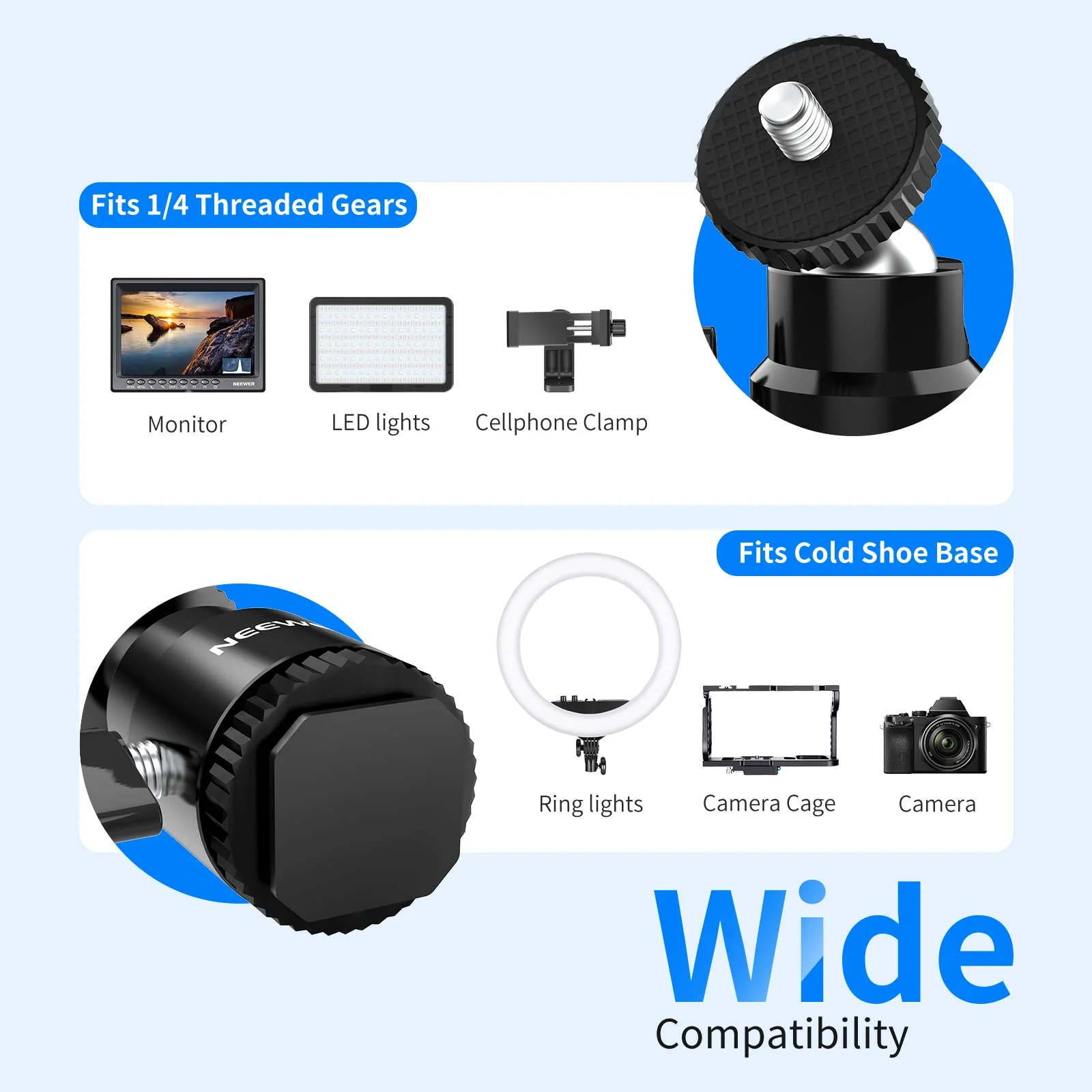 NEEWER Mini Ball Head with Cold Shoe & 1/4” Screw, 2 Pack, 360° Swivel 90° Tilt Ballhead Camera Mount Hot Shoe Adapter for Camera, Camcorder, Smartphone, LED Video Light, Microphone, Ring Light, ST17 ST17（2-Pack） - Image 3