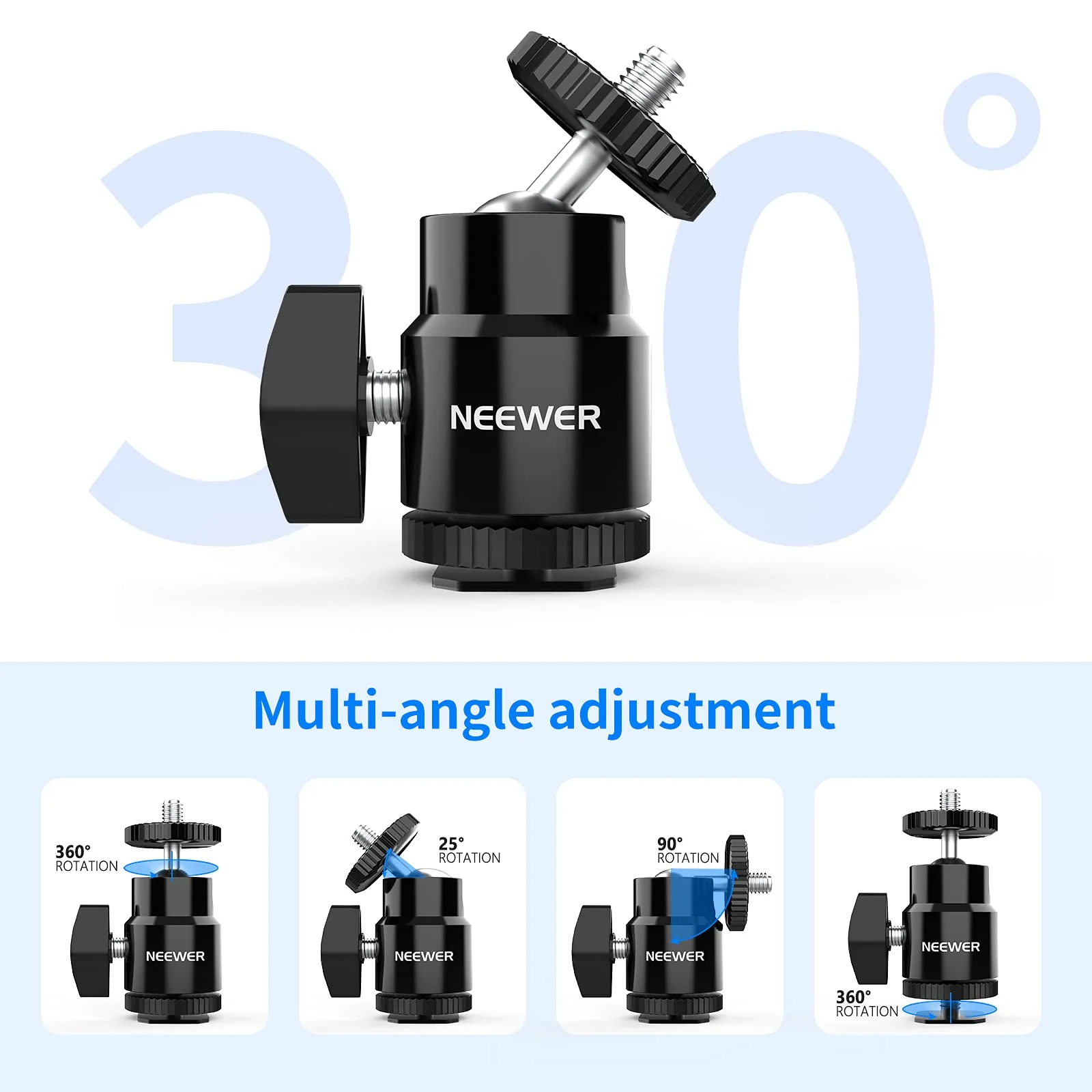 NEEWER Mini Ball Head with Cold Shoe & 1/4” Screw, 2 Pack, 360° Swivel 90° Tilt Ballhead Camera Mount Hot Shoe Adapter for Camera, Camcorder, Smartphone, LED Video Light, Microphone, Ring Light, ST17 ST17（2-Pack） - Image 4