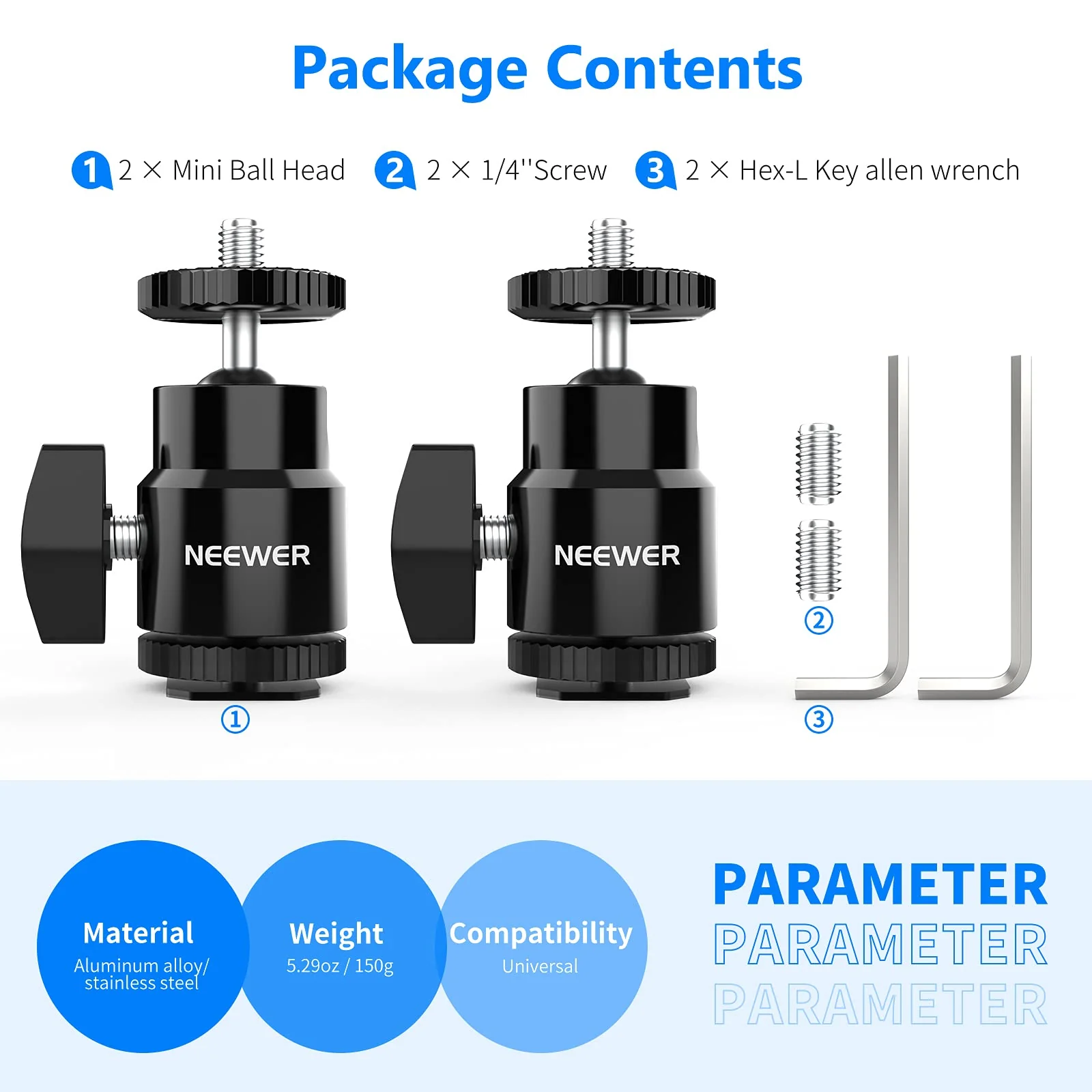 NEEWER Mini Ball Head with Cold Shoe & 1/4” Screw, 2 Pack, 360° Swivel 90° Tilt Ballhead Camera Mount Hot Shoe Adapter for Camera, Camcorder, Smartphone, LED Video Light, Microphone, Ring Light, ST17 ST17（2-Pack） - Image 5
