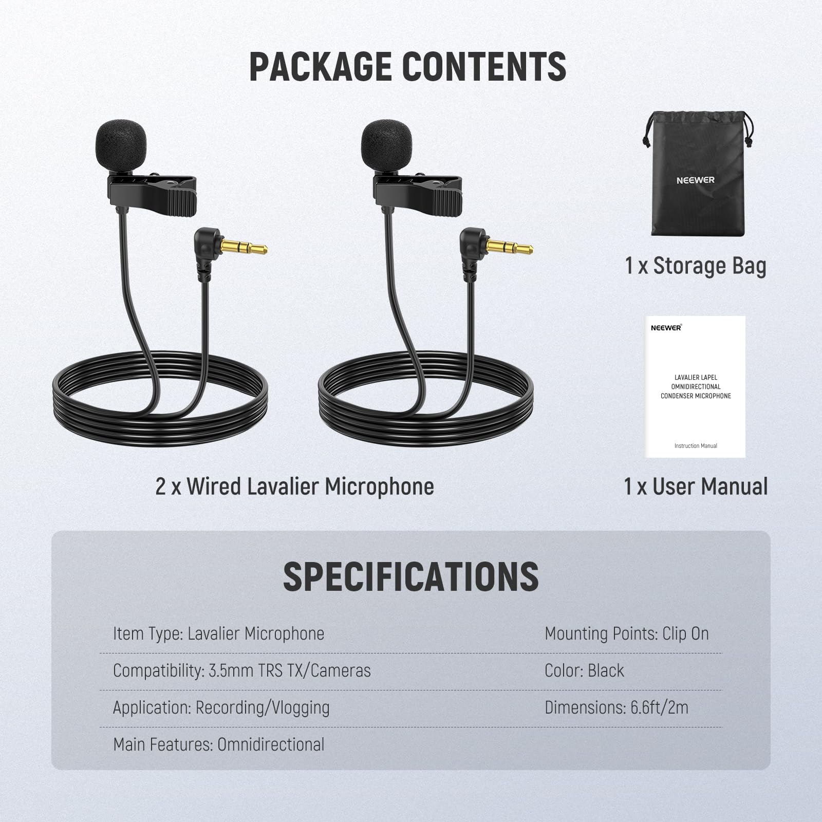 NEEWER Mini Lavalier Microphone (2 Pack), 6.6ft/2m Clip On Wired Condenser Lapel Mic with 3.5mm TRS Plug, Compatible with DJI Mic 2, Rode Wireless Go II, NEEWER CM28 CM31 Camera, LM5 - Image 9