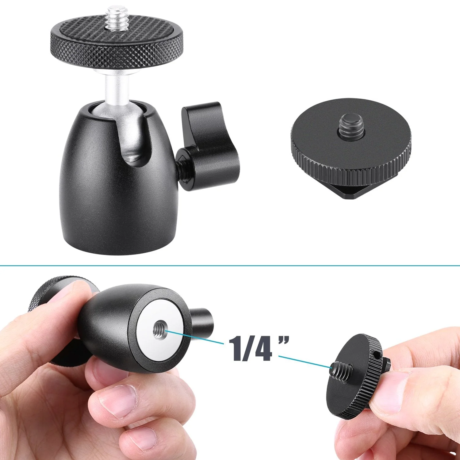Neewer Mini Tripod Ball Head Mount, 1/4 inch Screw with Phone holder, Lock and Hot Shoe Mount Adapter Compatible with Compact DSLR Camera, LED Light,Ring Light,Load Up to 4.4 pounds/2 kilograms - Image 4