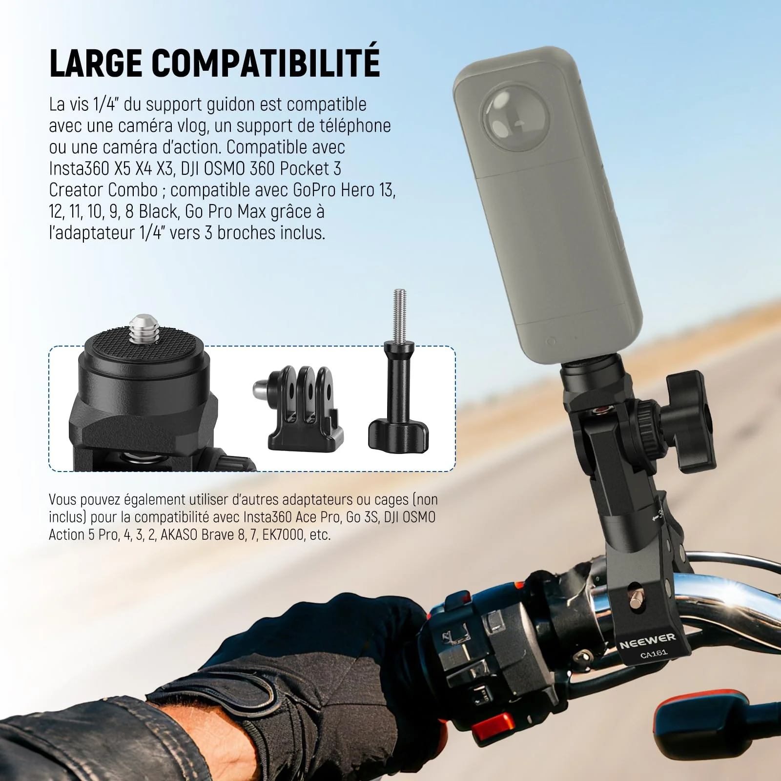 NEEWER Motorcycle Bike Handlebar Clamp Mount, Heavy Duty Clip Holder, 1/4" Screw & 3 Prong Adapter Compatible with Insta360 X5 X4 GoPro Hero 13 12 POV Video Recording, 360° Rotation & 270° Tilt, CA161 - Image 2