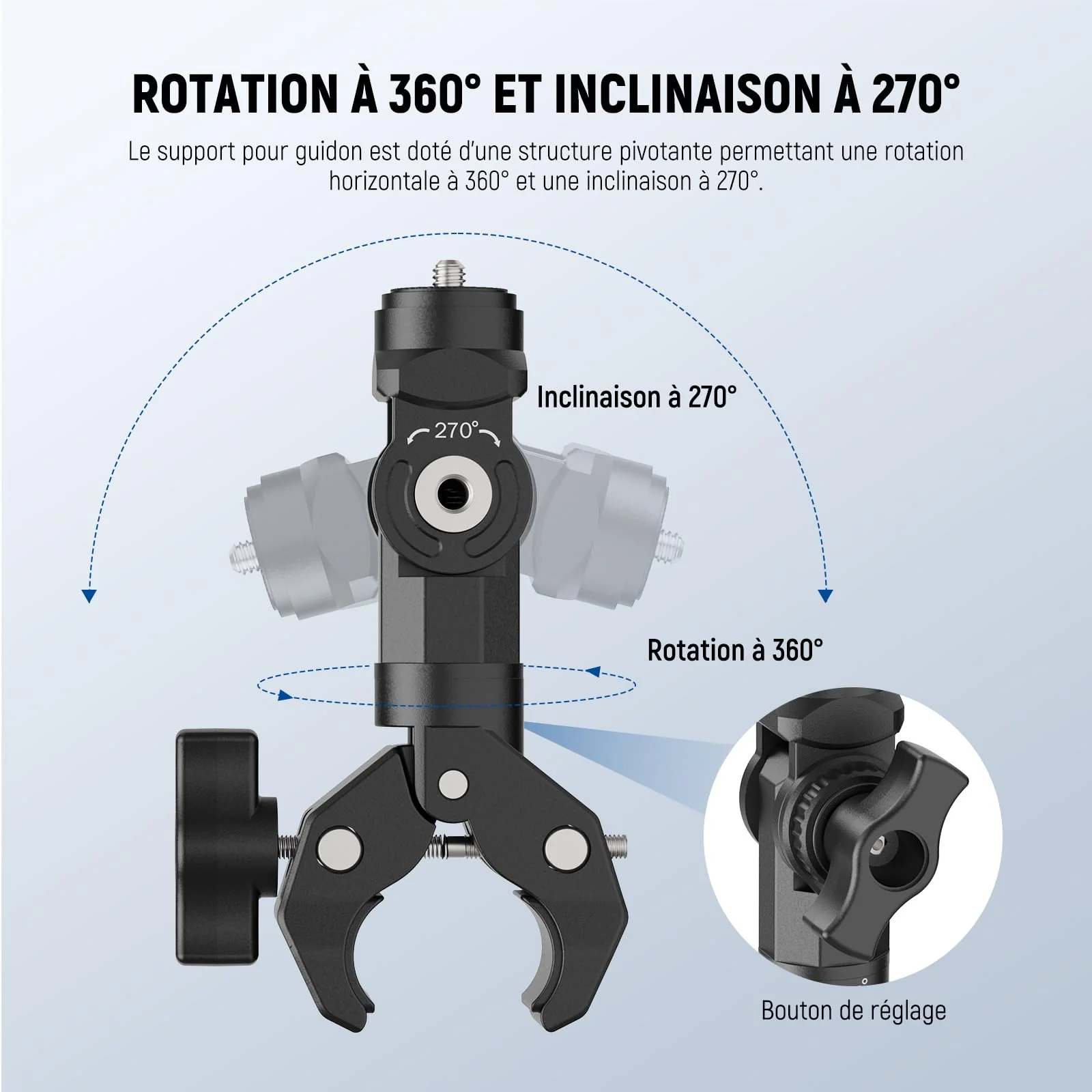 NEEWER Motorcycle Bike Handlebar Clamp Mount, Heavy Duty Clip Holder, 1/4" Screw & 3 Prong Adapter Compatible with Insta360 X5 X4 GoPro Hero 13 12 POV Video Recording, 360° Rotation & 270° Tilt, CA161 - Image 3