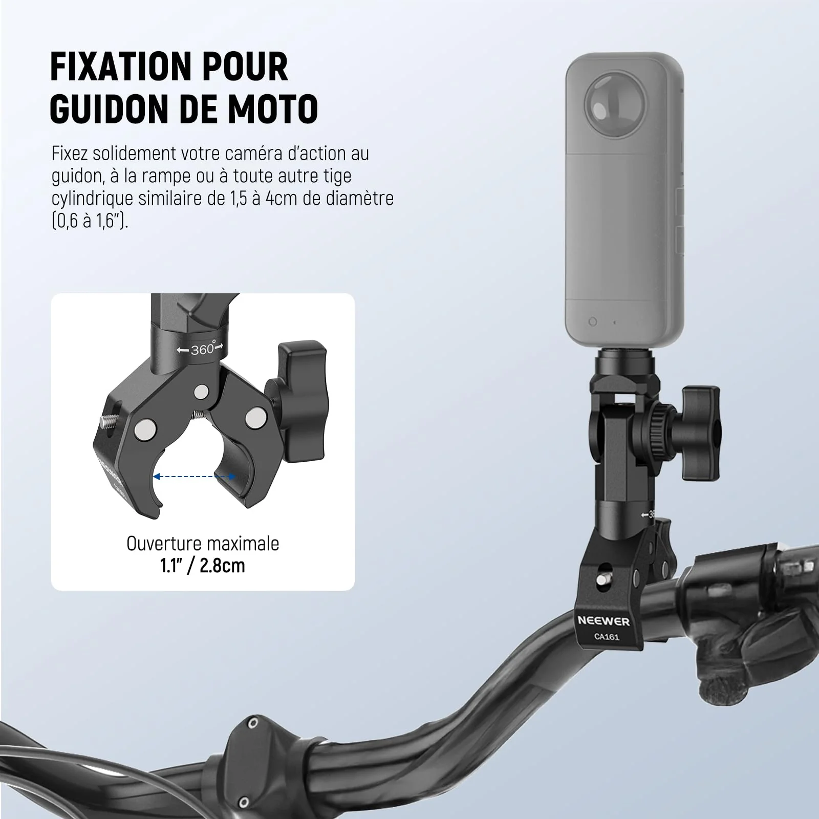 NEEWER Motorcycle Bike Handlebar Clamp Mount, Heavy Duty Clip Holder, 1/4" Screw & 3 Prong Adapter Compatible with Insta360 X5 X4 GoPro Hero 13 12 POV Video Recording, 360° Rotation & 270° Tilt, CA161 - Image 4