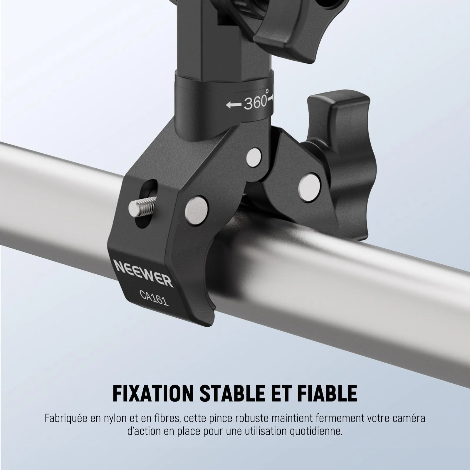 NEEWER Motorcycle Bike Handlebar Clamp Mount, Heavy Duty Clip Holder, 1/4" Screw & 3 Prong Adapter Compatible with Insta360 X5 X4 GoPro Hero 13 12 POV Video Recording, 360° Rotation & 270° Tilt, CA161 - Image 5