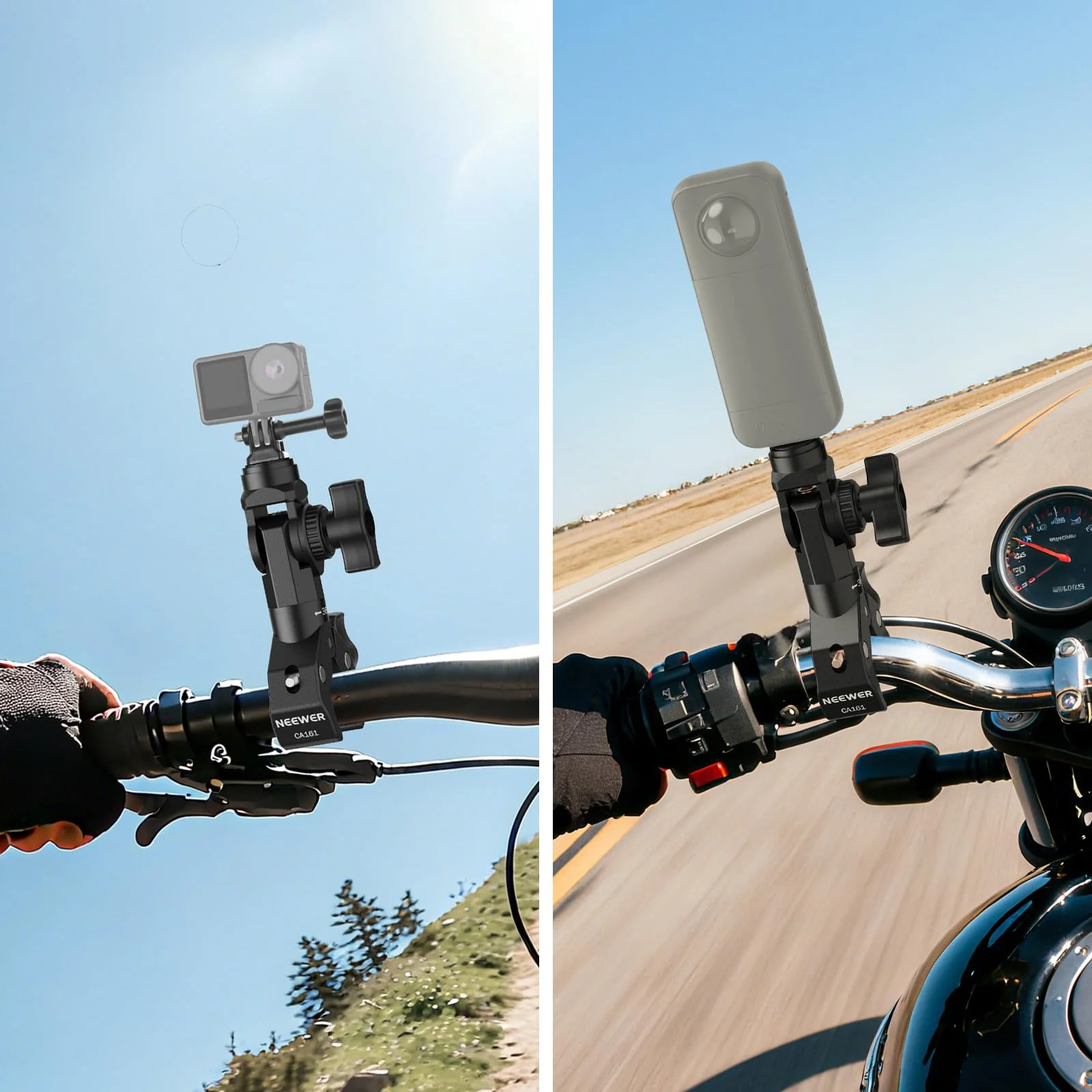 NEEWER Motorcycle Bike Handlebar Clamp Mount, Heavy Duty Clip Holder, 1/4" Screw & 3 Prong Adapter Compatible with Insta360 X5 X4 GoPro Hero 13 12 POV Video Recording, 360° Rotation & 270° Tilt, CA161 - Image 6