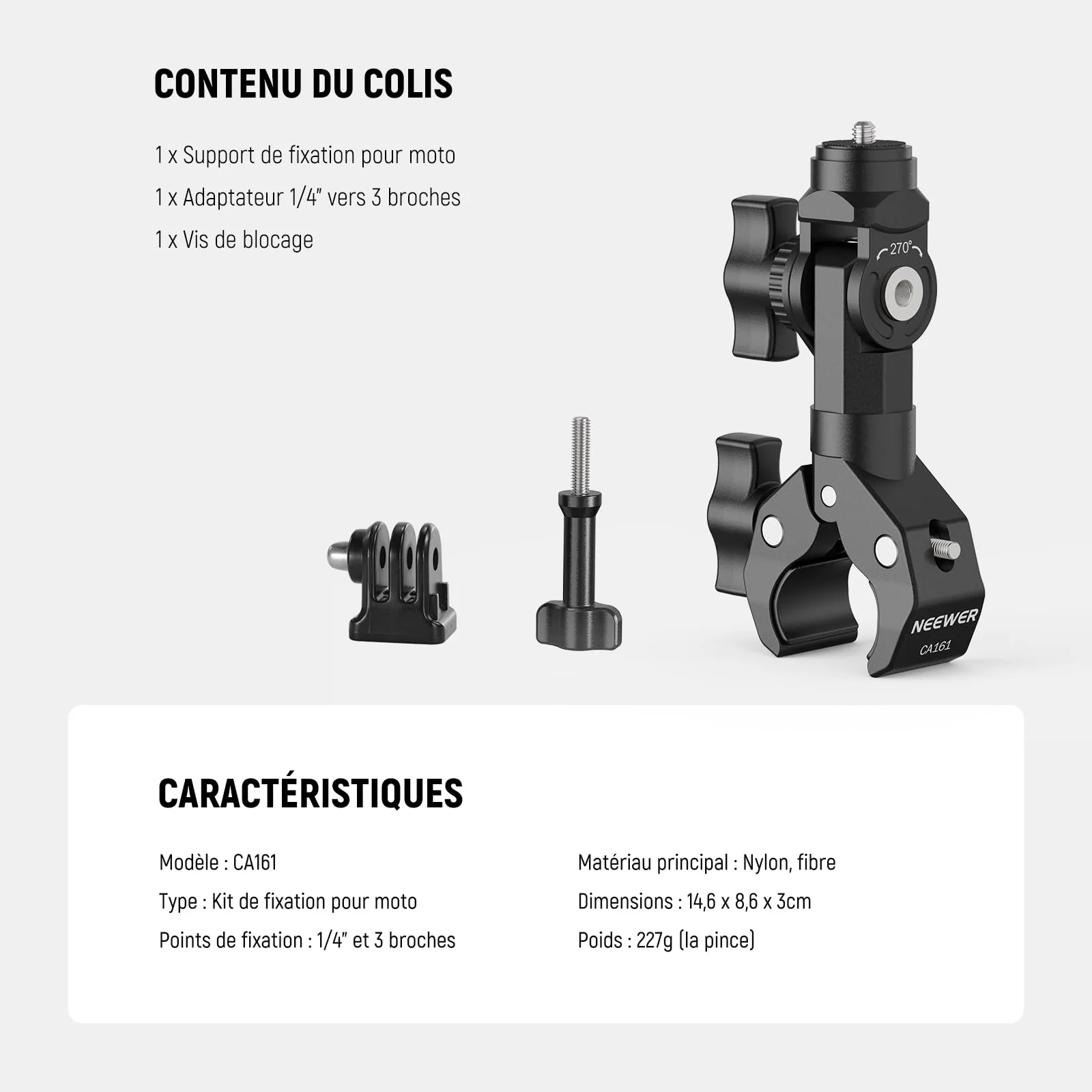 NEEWER Motorcycle Bike Handlebar Clamp Mount, Heavy Duty Clip Holder, 1/4" Screw & 3 Prong Adapter Compatible with Insta360 X5 X4 GoPro Hero 13 12 POV Video Recording, 360° Rotation & 270° Tilt, CA161 - Image 7