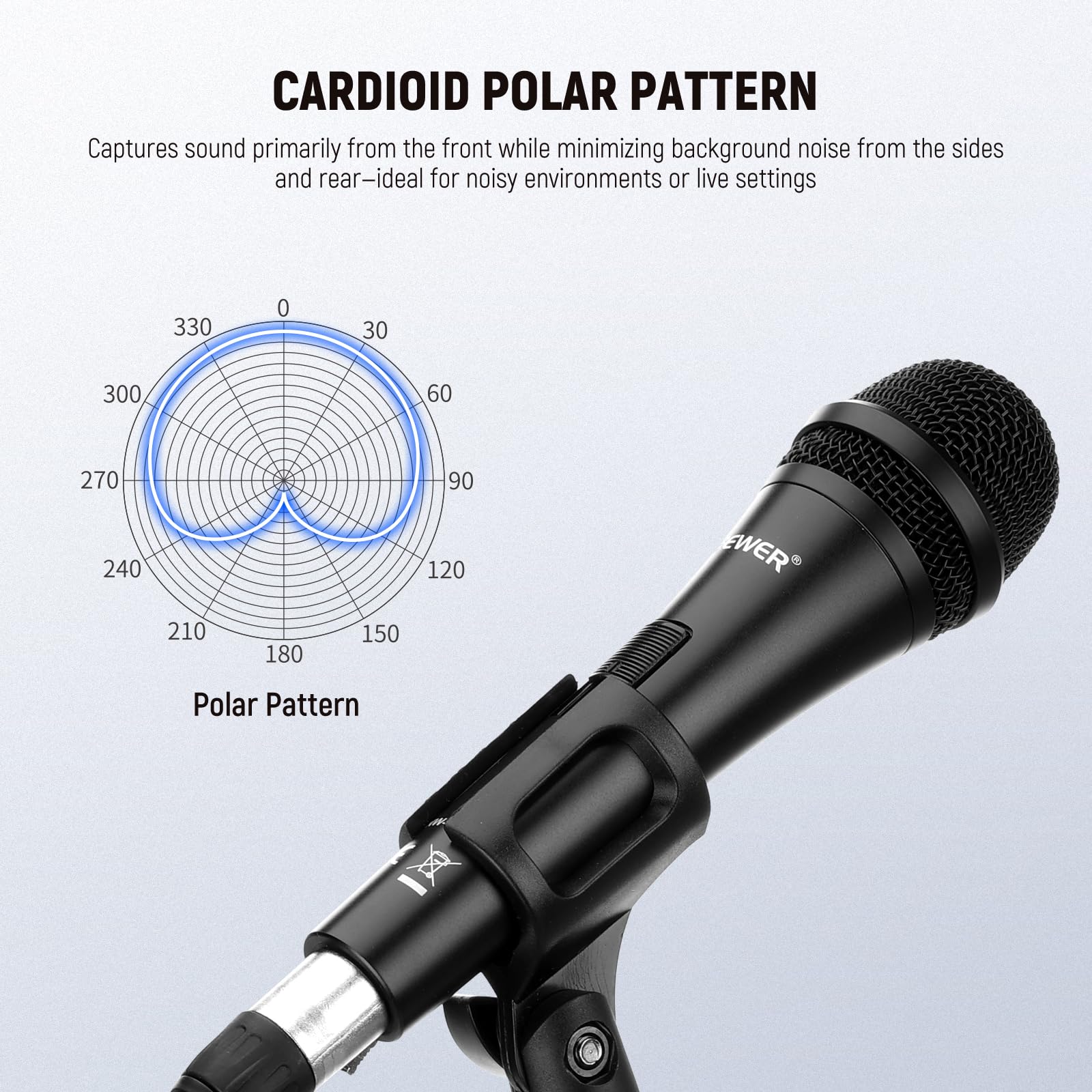 NEEWER NW-040 Cardioid Dynamic Microphone with XLR Cable, Rigid Metal Housing, Unidirectional Pickup Mic for Musical Instruments Voice Public Speech Podcast Singing PC Gaming Streaming Studio, Black - Image 3