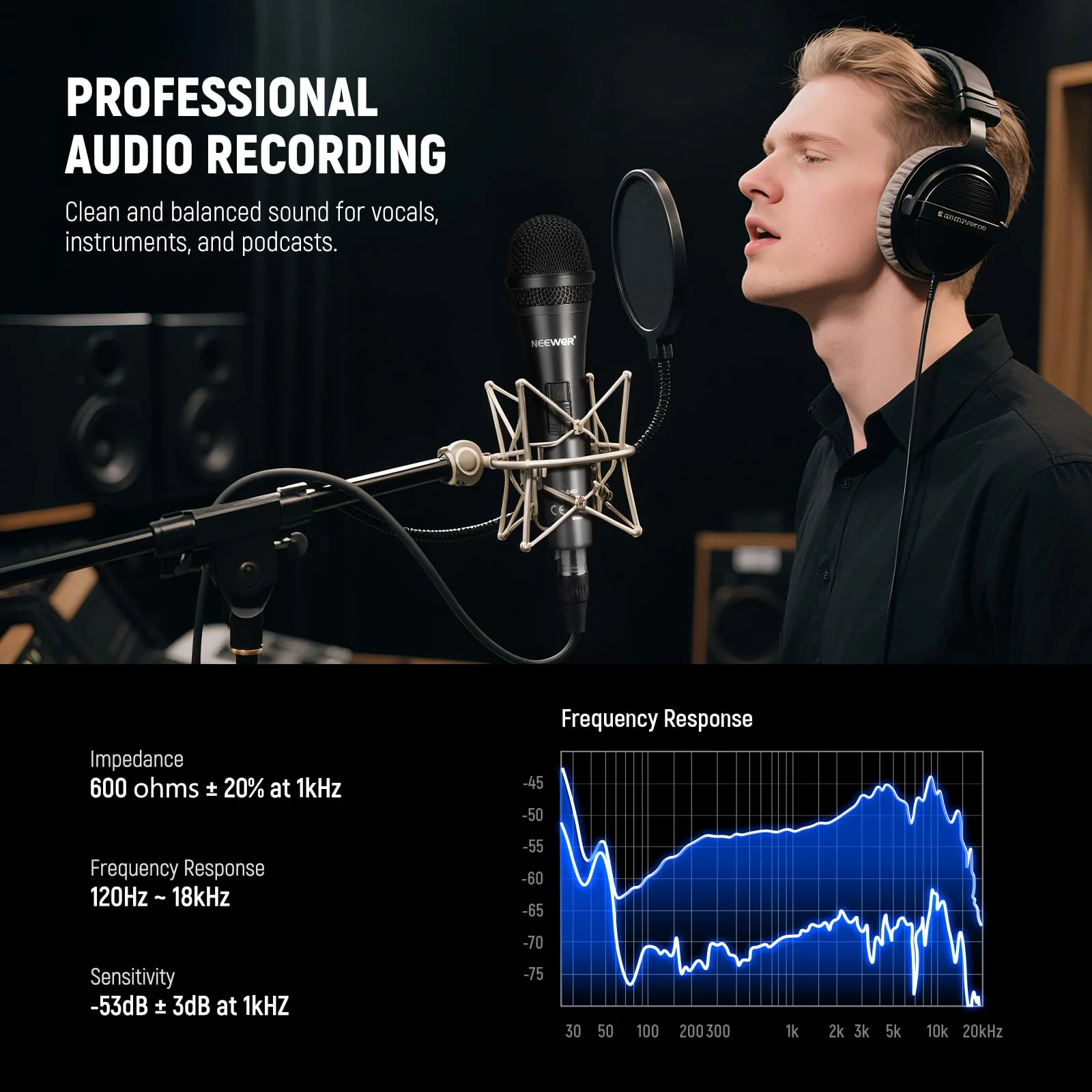 NEEWER NW-040 Cardioid Dynamic Microphone with XLR Cable, Rigid Metal Housing, Unidirectional Pickup Mic for Musical Instruments Voice Public Speech Podcast Singing PC Gaming Streaming Studio, Black - Image 4