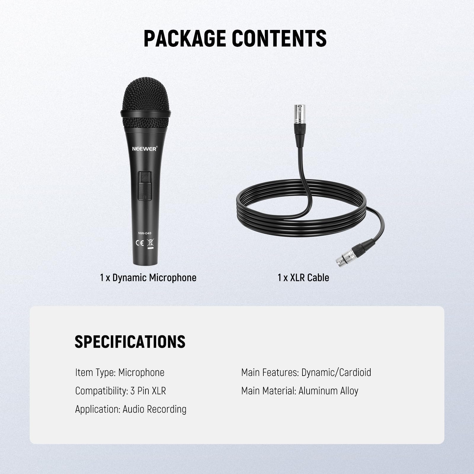 NEEWER NW-040 Cardioid Dynamic Microphone with XLR Cable, Rigid Metal Housing, Unidirectional Pickup Mic for Musical Instruments Voice Public Speech Podcast Singing PC Gaming Streaming Studio, Black - Image 8