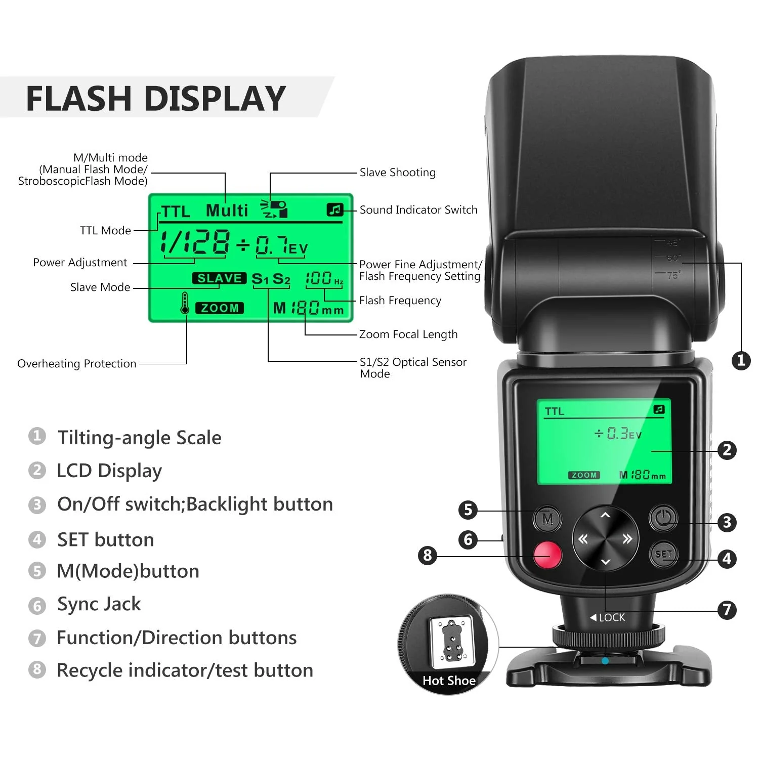 Neewer NW-670 TTL Flash Speedlite with LCD Display for Canon 7D Mark II, 5D Mark II III, IV,1300D, 1200D, 1100D, 750D, 700D, 650D, 600D, 550D, 500D, 100D, 80D, 70D, 60D and Other Canon DSLR Cameras - Image 3