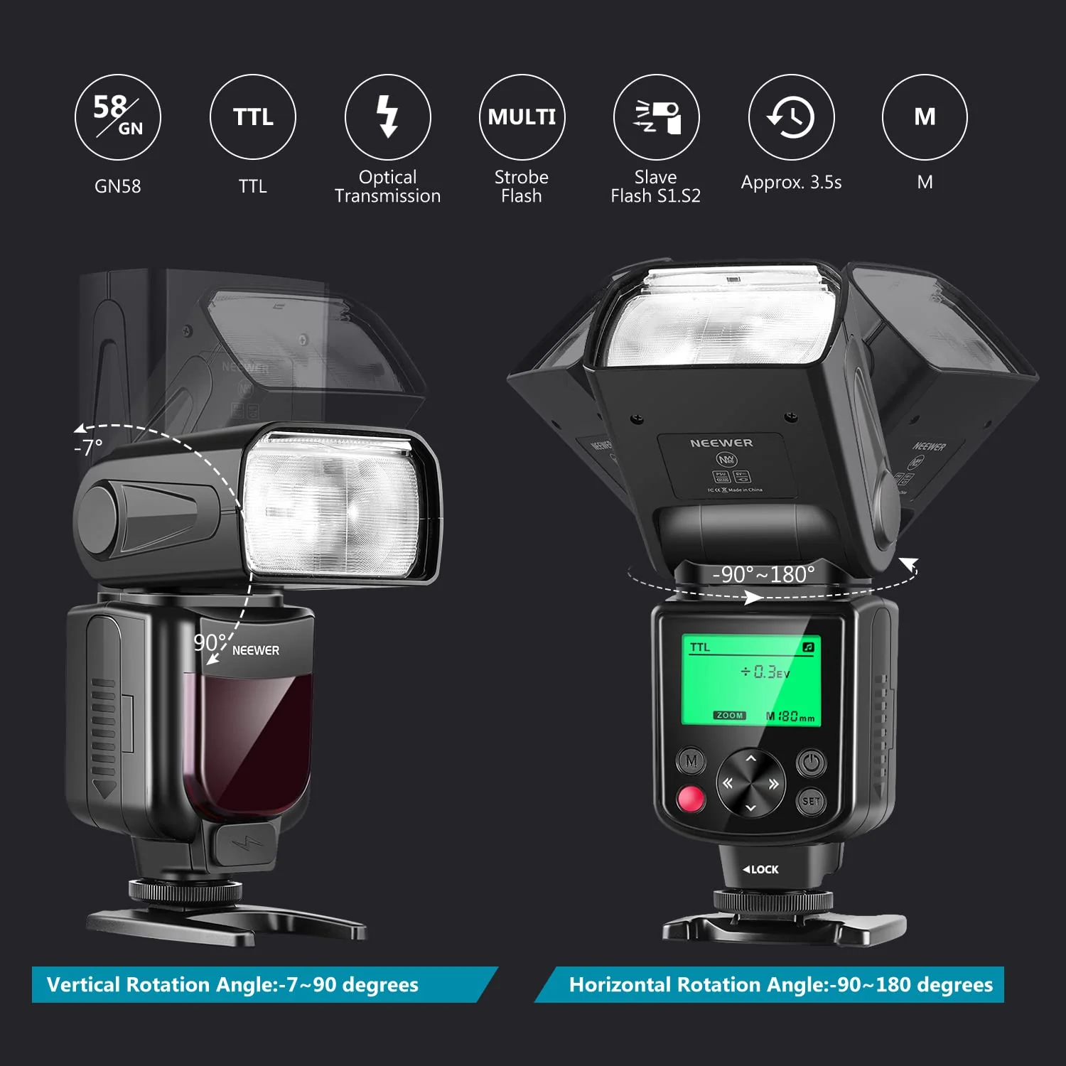 Neewer NW-670 TTL Flash Speedlite with LCD Display for Canon 7D Mark II, 5D Mark II III, IV,1300D, 1200D, 1100D, 750D, 700D, 650D, 600D, 550D, 500D, 100D, 80D, 70D, 60D and Other Canon DSLR Cameras - Image 5