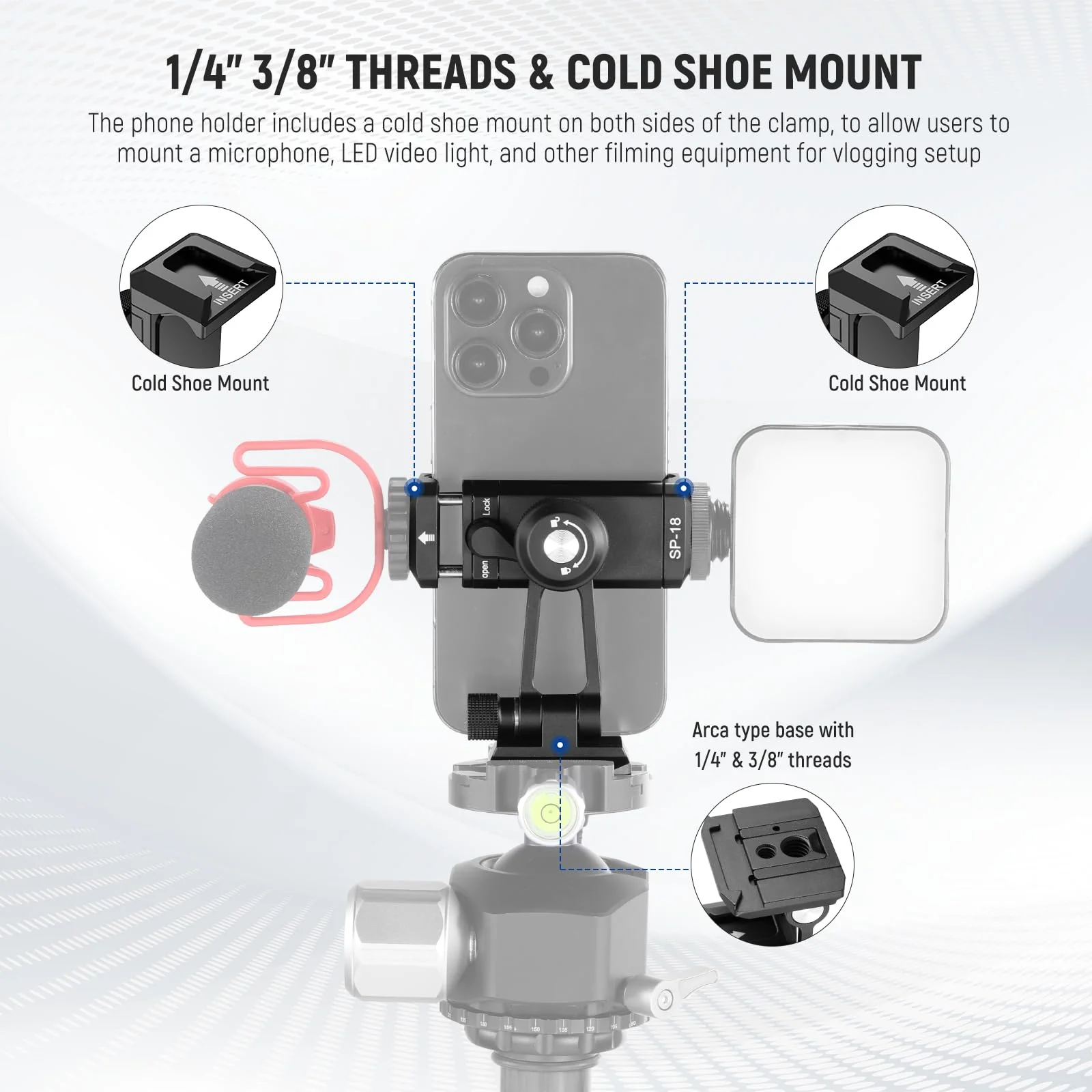 Neewer Phone Tripod Mount Adapter with Arca Type QR Base, Cold Shoe, 1/4" 3/8" Holes, 360° Swivel 180° Tilt, Phone Holder Compatible with iPhone Samsung Arca Swiss DJI RS 4 Pro 3 2 Stabilizer, SP-18 - Image 2