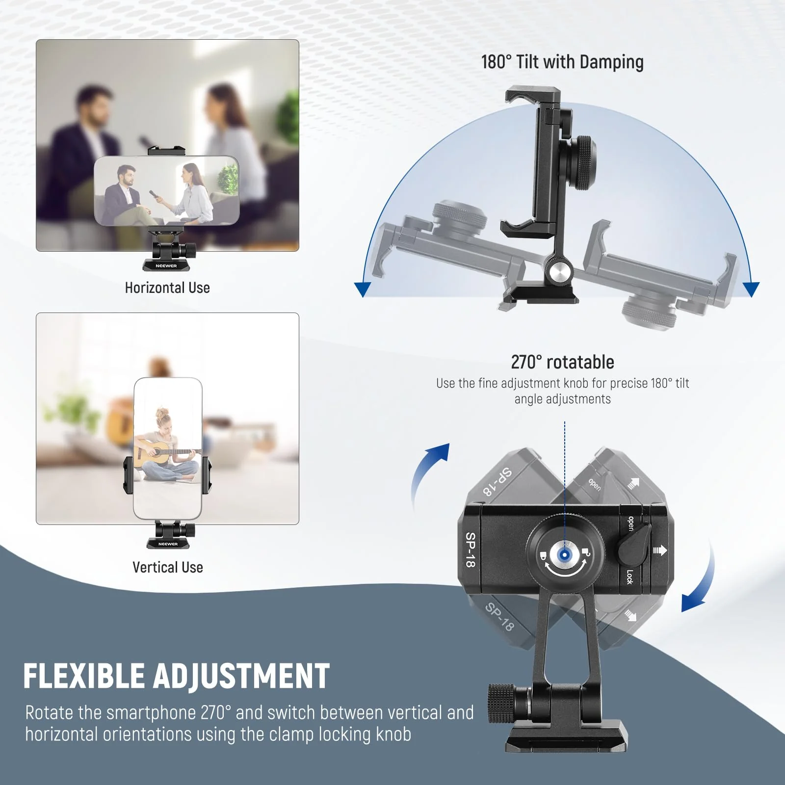 Neewer Phone Tripod Mount Adapter with Arca Type QR Base, Cold Shoe, 1/4" 3/8" Holes, 360° Swivel 180° Tilt, Phone Holder Compatible with iPhone Samsung Arca Swiss DJI RS 4 Pro 3 2 Stabilizer, SP-18 - Image 4