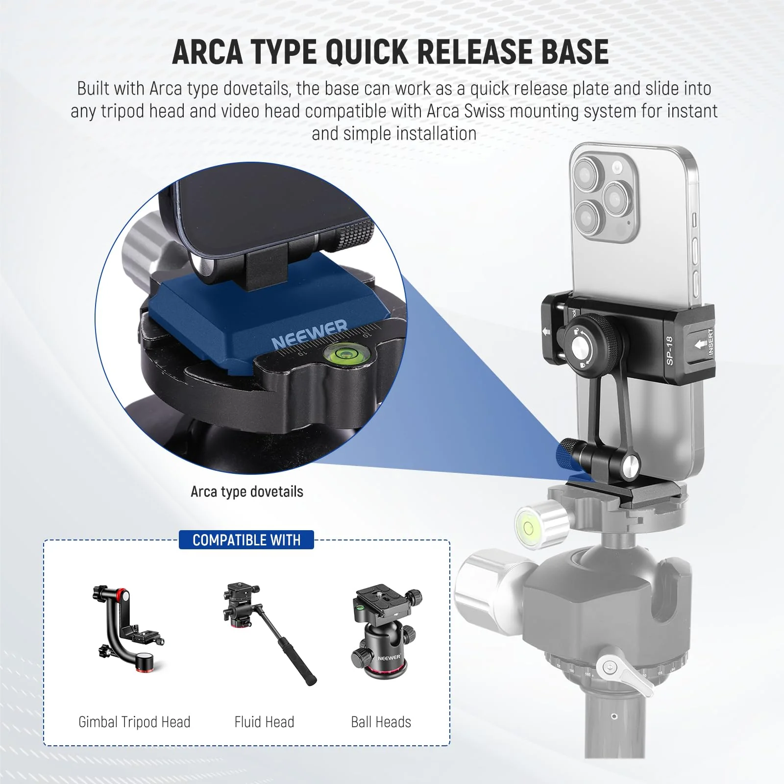 Neewer Phone Tripod Mount Adapter with Arca Type QR Base, Cold Shoe, 1/4" 3/8" Holes, 360° Swivel 180° Tilt, Phone Holder Compatible with iPhone Samsung Arca Swiss DJI RS 4 Pro 3 2 Stabilizer, SP-18 - Image 6