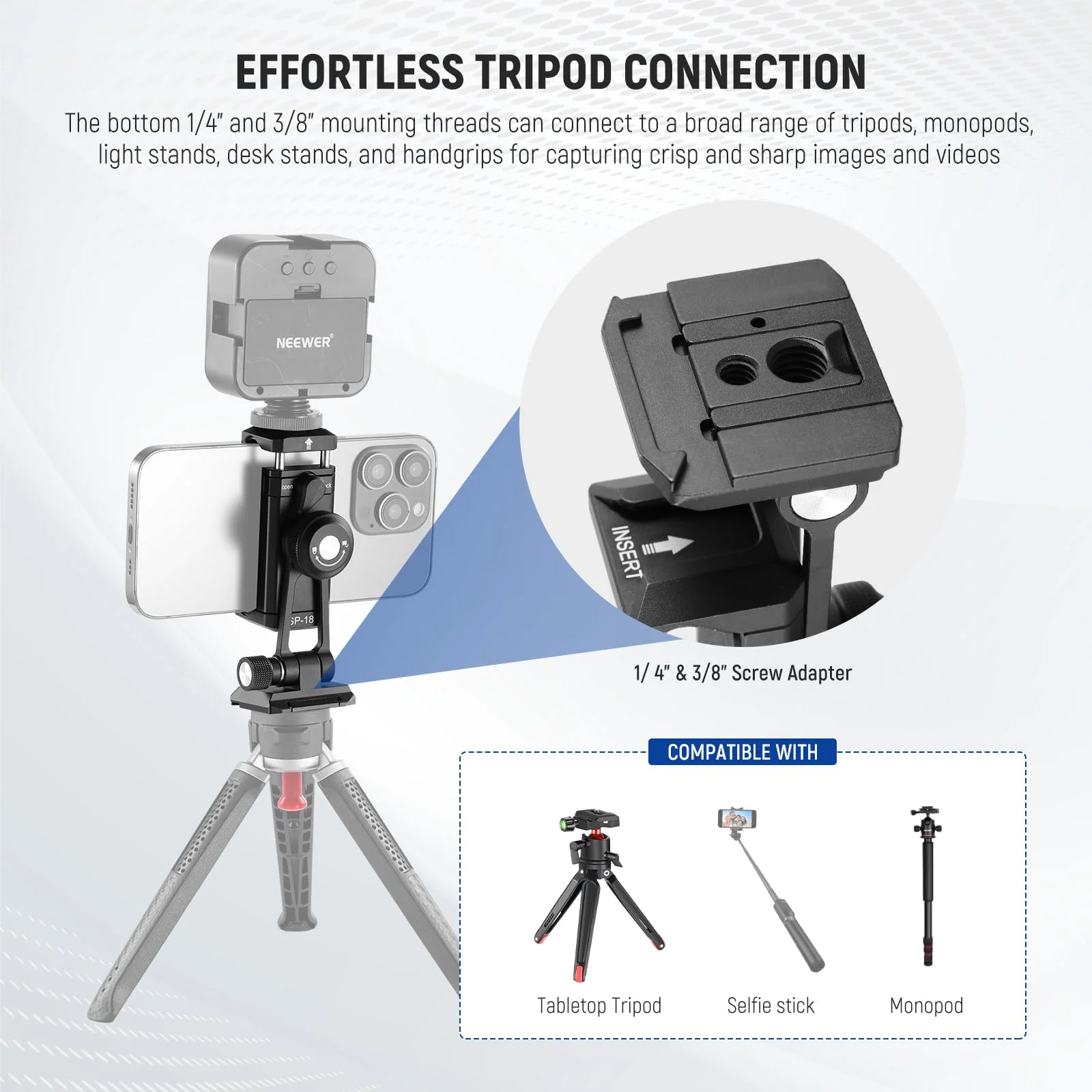 Neewer Phone Tripod Mount Adapter with Arca Type QR Base, Cold Shoe, 1/4" 3/8" Holes, 360° Swivel 180° Tilt, Phone Holder Compatible with iPhone Samsung Arca Swiss DJI RS 4 Pro 3 2 Stabilizer, SP-18 - Image 7