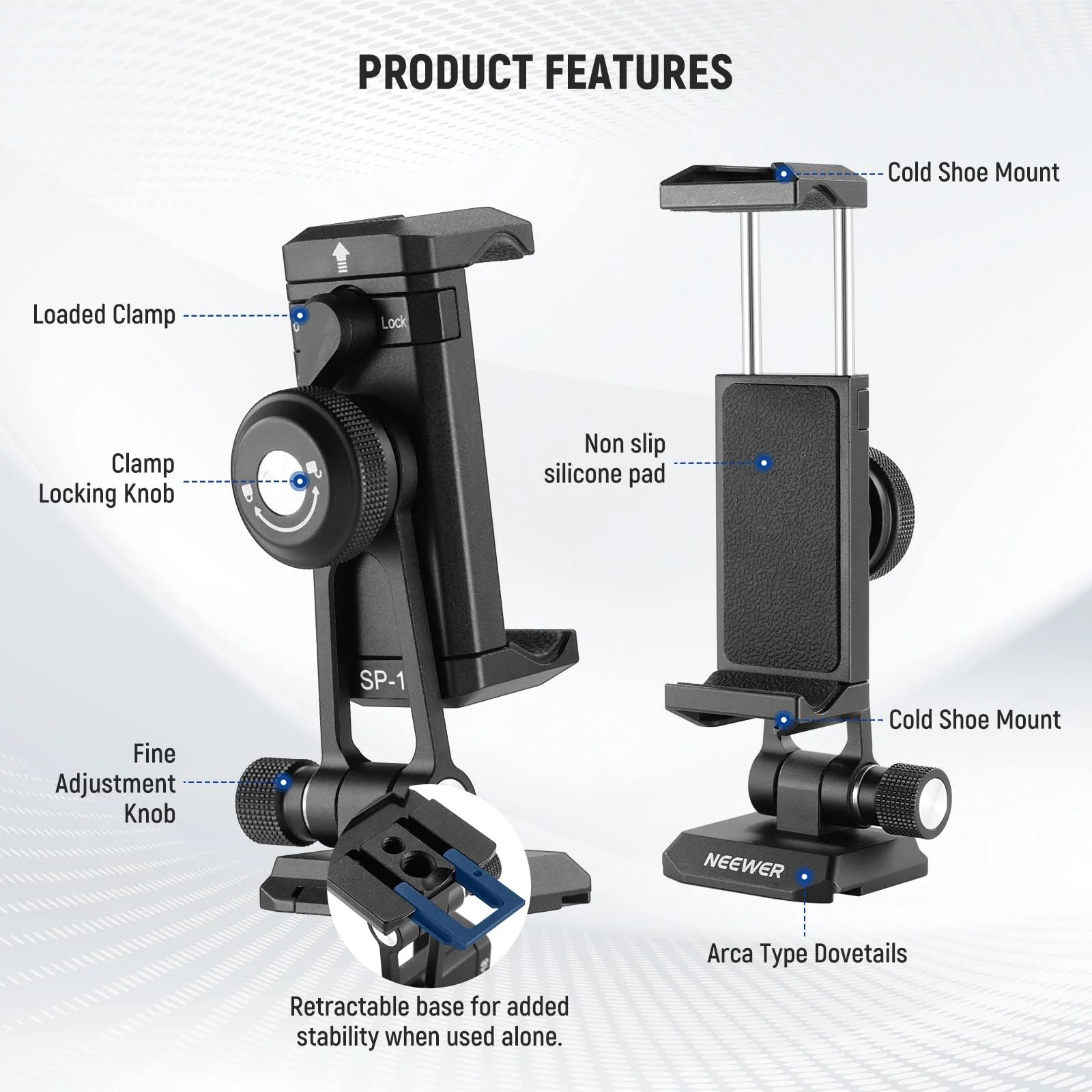 Neewer Phone Tripod Mount Adapter with Arca Type QR Base, Cold Shoe, 1/4" 3/8" Holes, 360° Swivel 180° Tilt, Phone Holder Compatible with iPhone Samsung Arca Swiss DJI RS 4 Pro 3 2 Stabilizer, SP-18 - Image 8