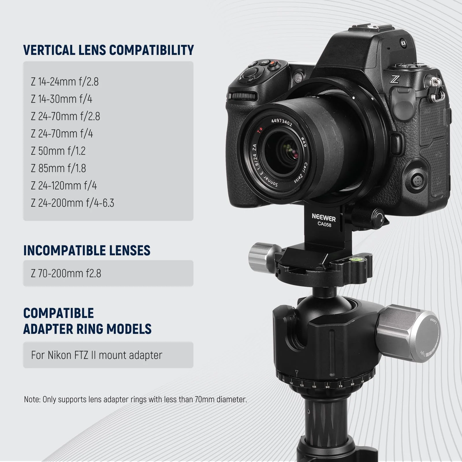 NEEWER Rotatable Collar Mount Plate for Nikon Z8 Z7 II Z6 II Z5 FTZ II Adapter, Fast Horizontal to Vertical Camera Tripod Lens Mount Ring Compatible with DJI RS 3/2 & Arca Quick Release System, CA058 - Image 3