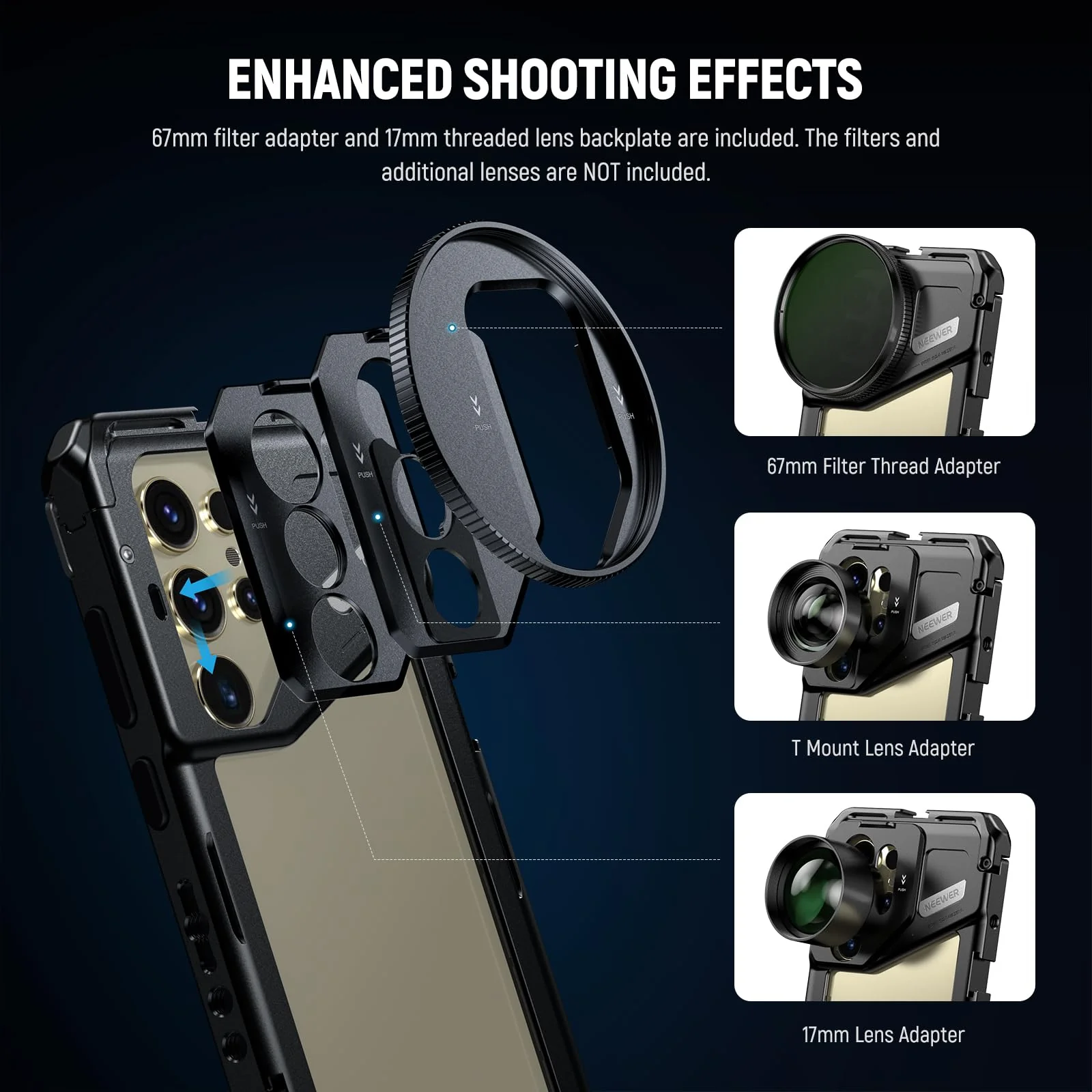NEEWER S24 Ultra Phone Cage with 67mm Filter Adapter, 17mm Lens Backplate, T Mount Lens Adapter, Cleaning Cloth, Smartphone Video Rig Stabilizer Compatible with Samsung Moment T Series Lenses, PA042 - Image 3