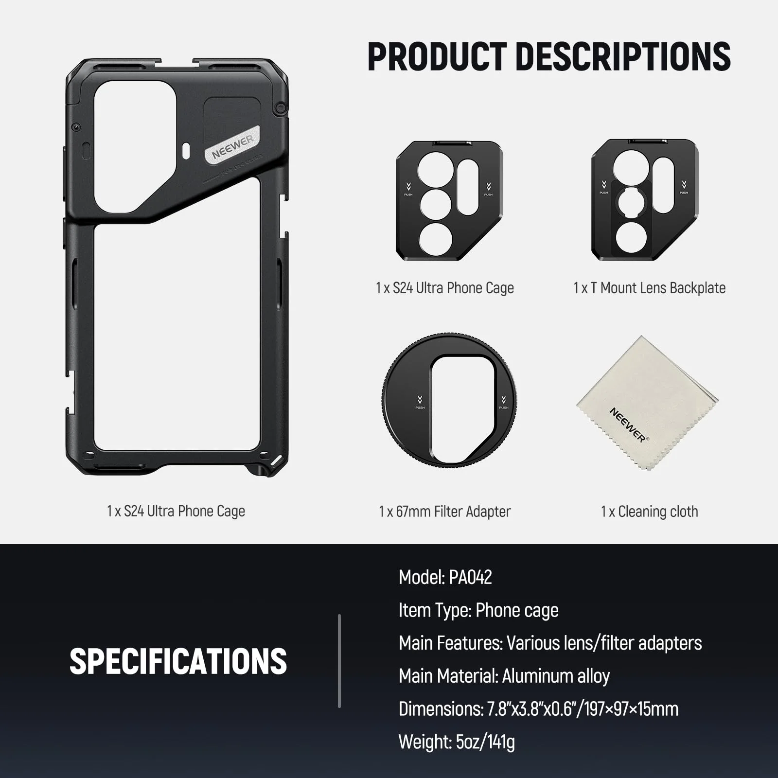 NEEWER S24 Ultra Phone Cage with 67mm Filter Adapter, 17mm Lens Backplate, T Mount Lens Adapter, Cleaning Cloth, Smartphone Video Rig Stabilizer Compatible with Samsung Moment T Series Lenses, PA042 - Image 9
