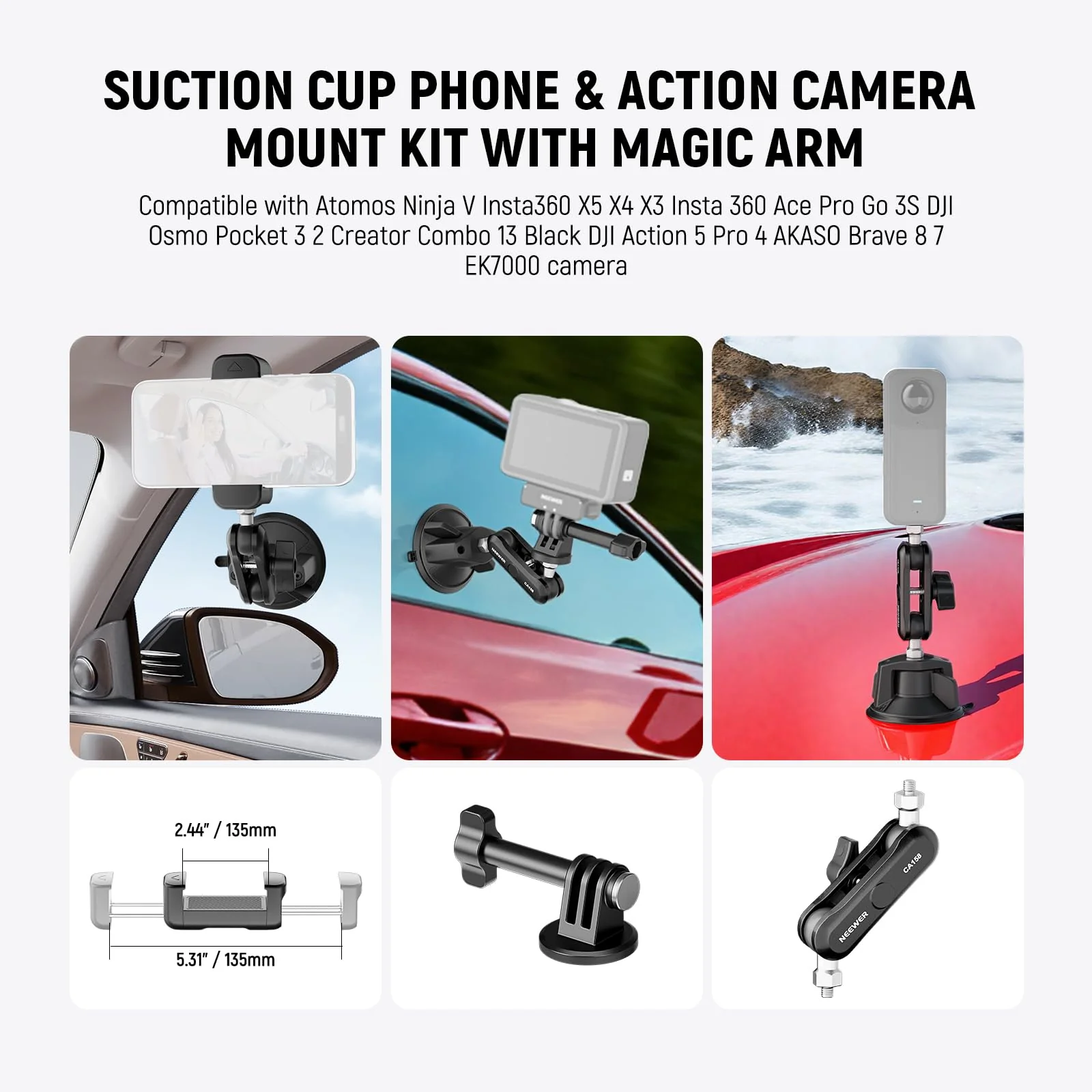 NEEWER Suction Cup Phone Holder & Camera Mount Compatible With GoPro DJI Insta360 iPhone, Car Phone Mount with Action Camera Adapter 360° Magic Arm for POV Windshield Glass Vlog Video Recording, CA158 - Image 2