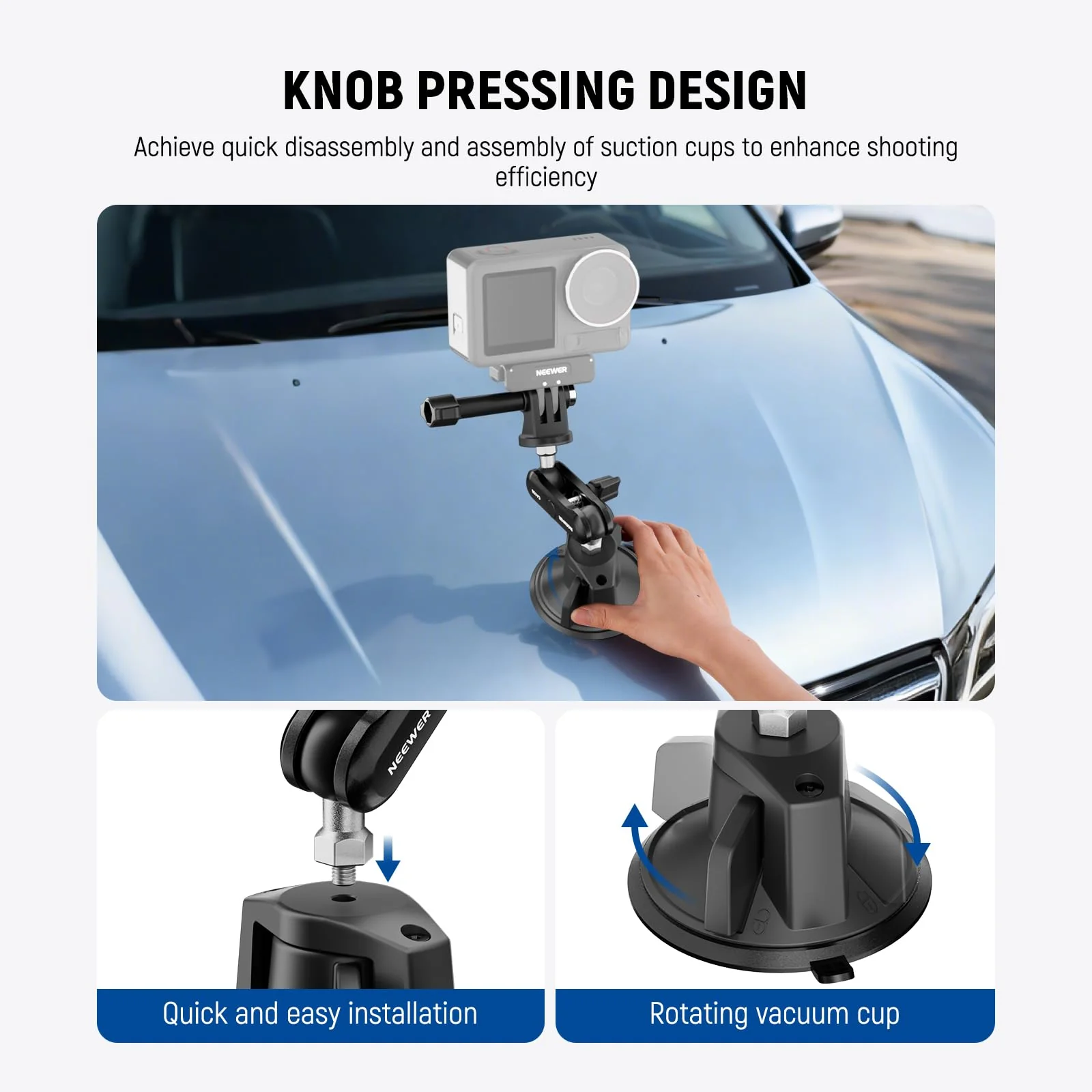 NEEWER Suction Cup Phone Holder & Camera Mount Compatible With GoPro DJI Insta360 iPhone, Car Phone Mount with Action Camera Adapter 360° Magic Arm for POV Windshield Glass Vlog Video Recording, CA158 - Image 4