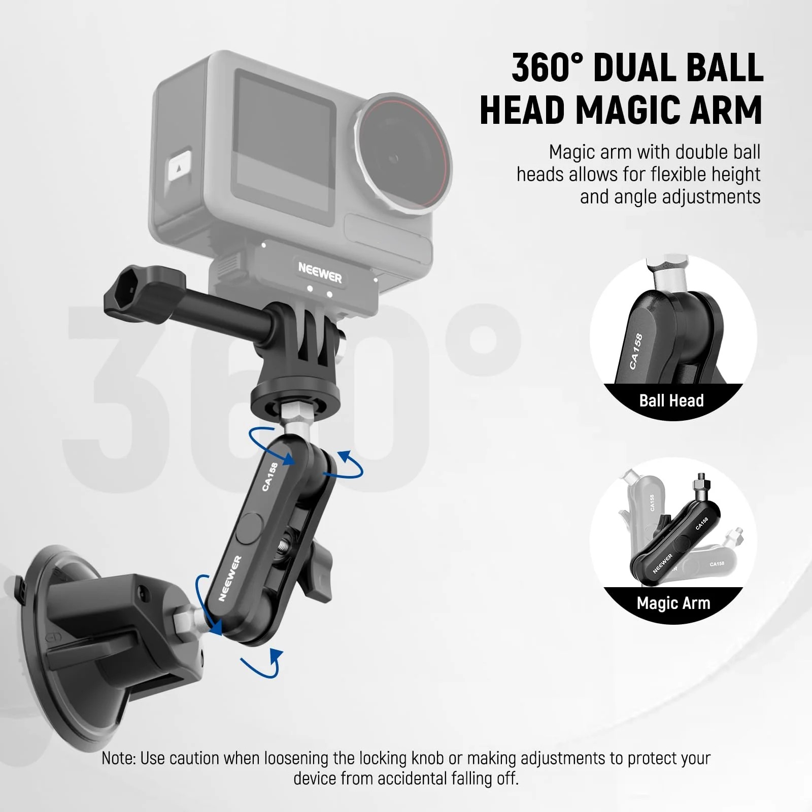 NEEWER Suction Cup Phone Holder & Camera Mount Compatible With GoPro DJI Insta360 iPhone, Car Phone Mount with Action Camera Adapter 360° Magic Arm for POV Windshield Glass Vlog Video Recording, CA158 - Image 5