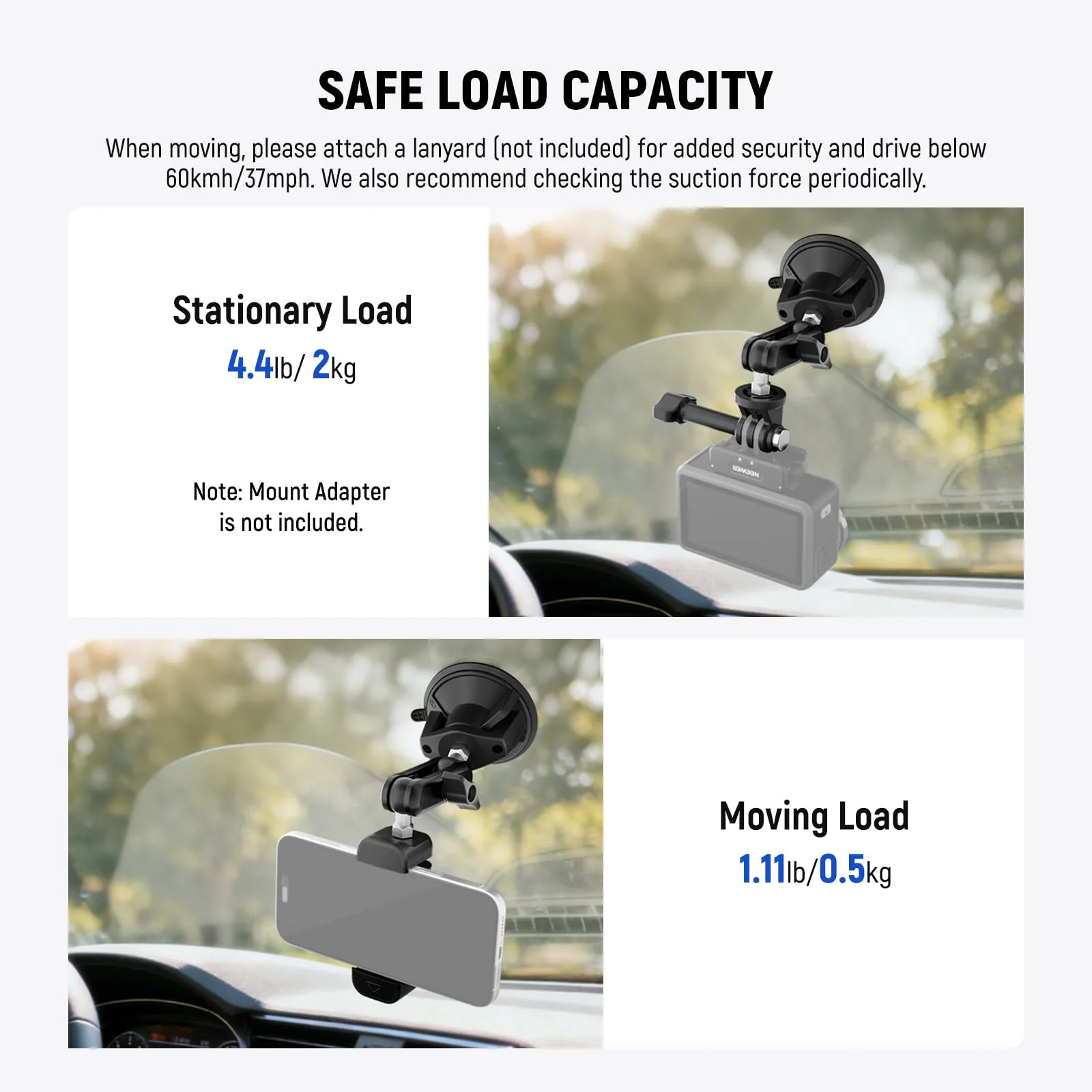 NEEWER Suction Cup Phone Holder & Camera Mount Compatible With GoPro DJI Insta360 iPhone, Car Phone Mount with Action Camera Adapter 360° Magic Arm for POV Windshield Glass Vlog Video Recording, CA158 - Image 6