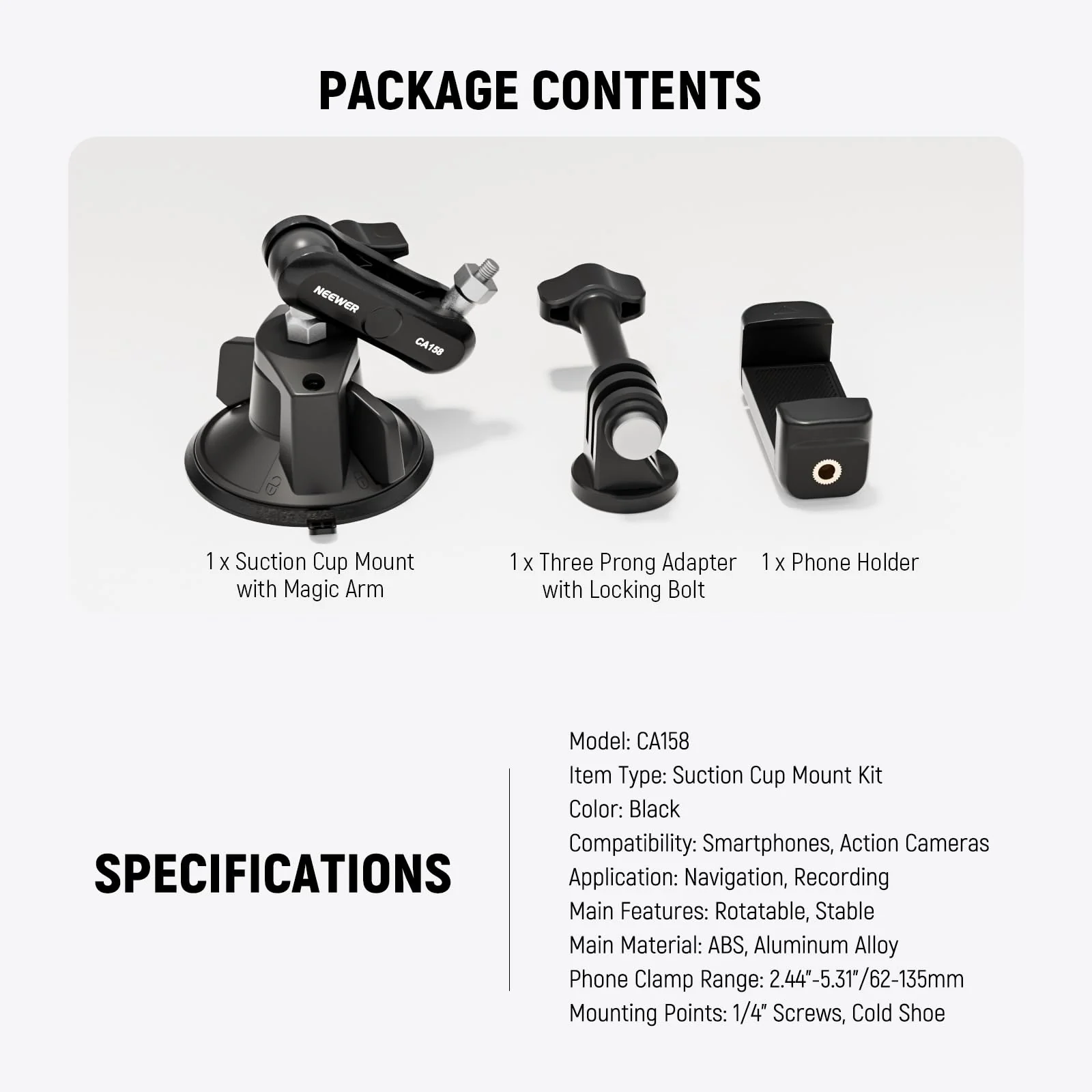 NEEWER Suction Cup Phone Holder & Camera Mount Compatible With GoPro DJI Insta360 iPhone, Car Phone Mount with Action Camera Adapter 360° Magic Arm for POV Windshield Glass Vlog Video Recording, CA158 - Image 7
