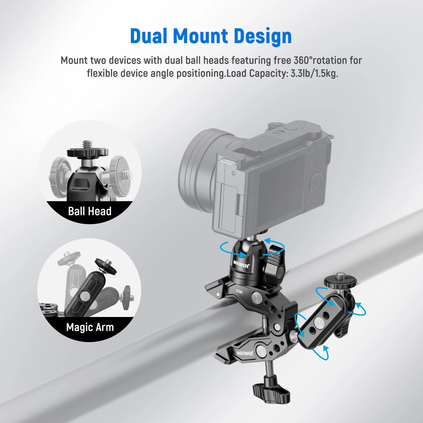 NEEWER Super Clamp with 3" Dual Ballhead Magic Arm, Ball Head Adapter, Cold Shoe, Phone Holder, Action Camera Clamp Mount for Flat/Round Surface Compatible with GoPro DJI iPhone 15 Pro Max, ST85 - Image 3
