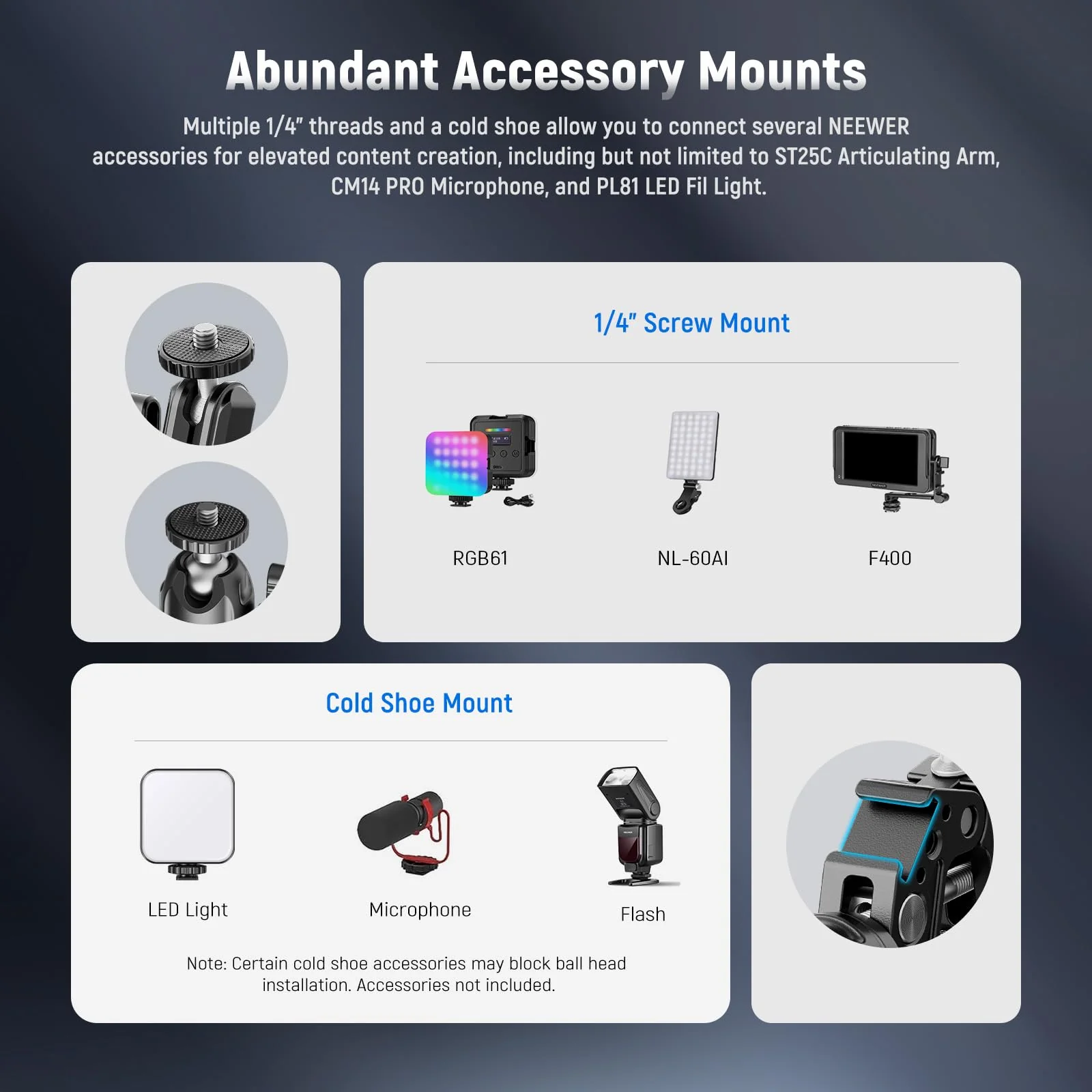NEEWER Super Clamp with 3" Dual Ballhead Magic Arm, Ball Head Adapter, Cold Shoe, Phone Holder, Action Camera Clamp Mount for Flat/Round Surface Compatible with GoPro DJI iPhone 15 Pro Max, ST85 - Image 5