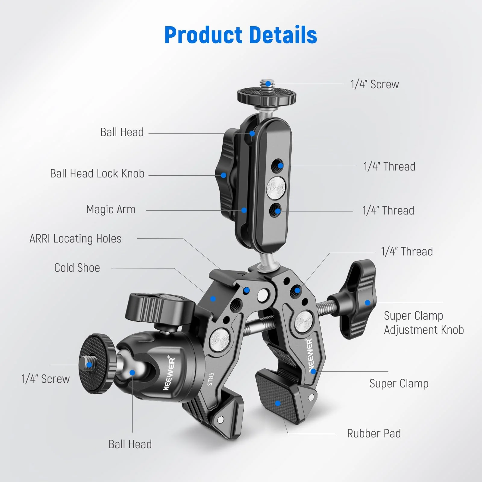 NEEWER Super Clamp with 3" Dual Ballhead Magic Arm, Ball Head Adapter, Cold Shoe, Phone Holder, Action Camera Clamp Mount for Flat/Round Surface Compatible with GoPro DJI iPhone 15 Pro Max, ST85 - Image 6