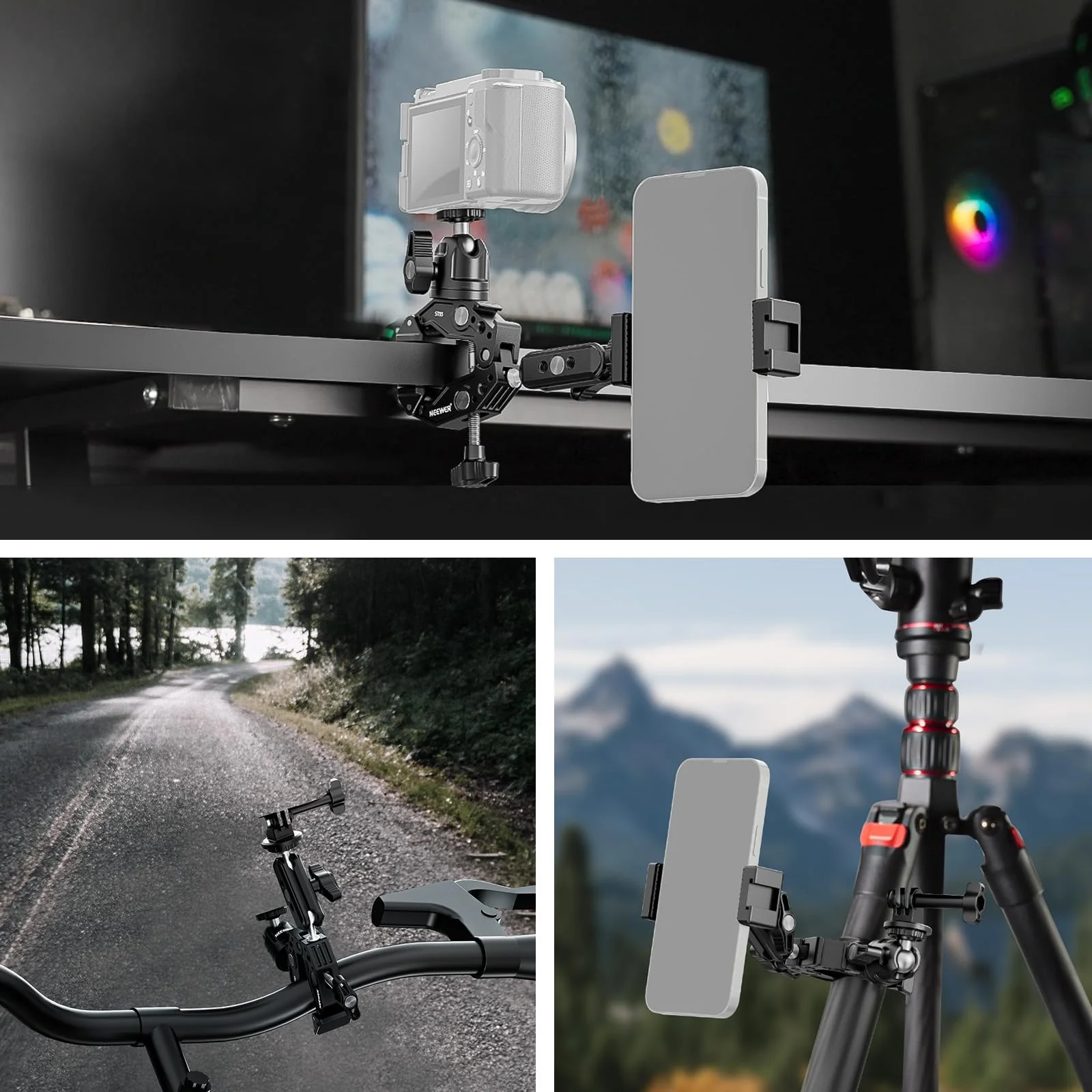 NEEWER Super Clamp with 3" Dual Ballhead Magic Arm, Ball Head Adapter, Cold Shoe, Phone Holder, Action Camera Clamp Mount for Flat/Round Surface Compatible with GoPro DJI iPhone 15 Pro Max, ST85 - Image 7