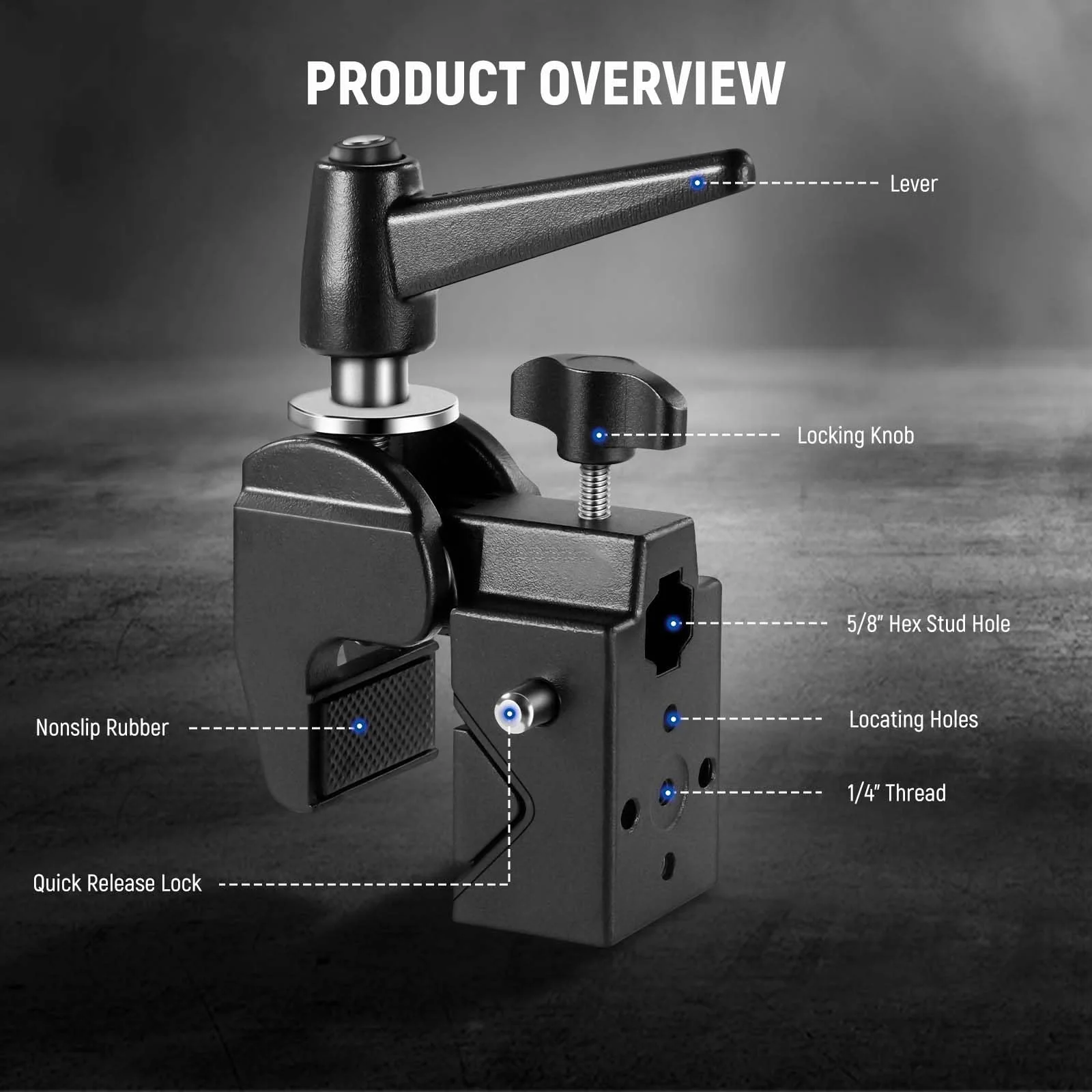 NEEWER Super Clamp with 5/8" Stud, Spring Lock, 2.4"/6cm Jaw Grip Heavy Duty Crab Pole Clamp for Round Pipe Flat Surface, for Photography Studio Camera & Lighting Mounting, Max Load 33lb/15kg, UA017 UA017(1 Pack） - Image 2
