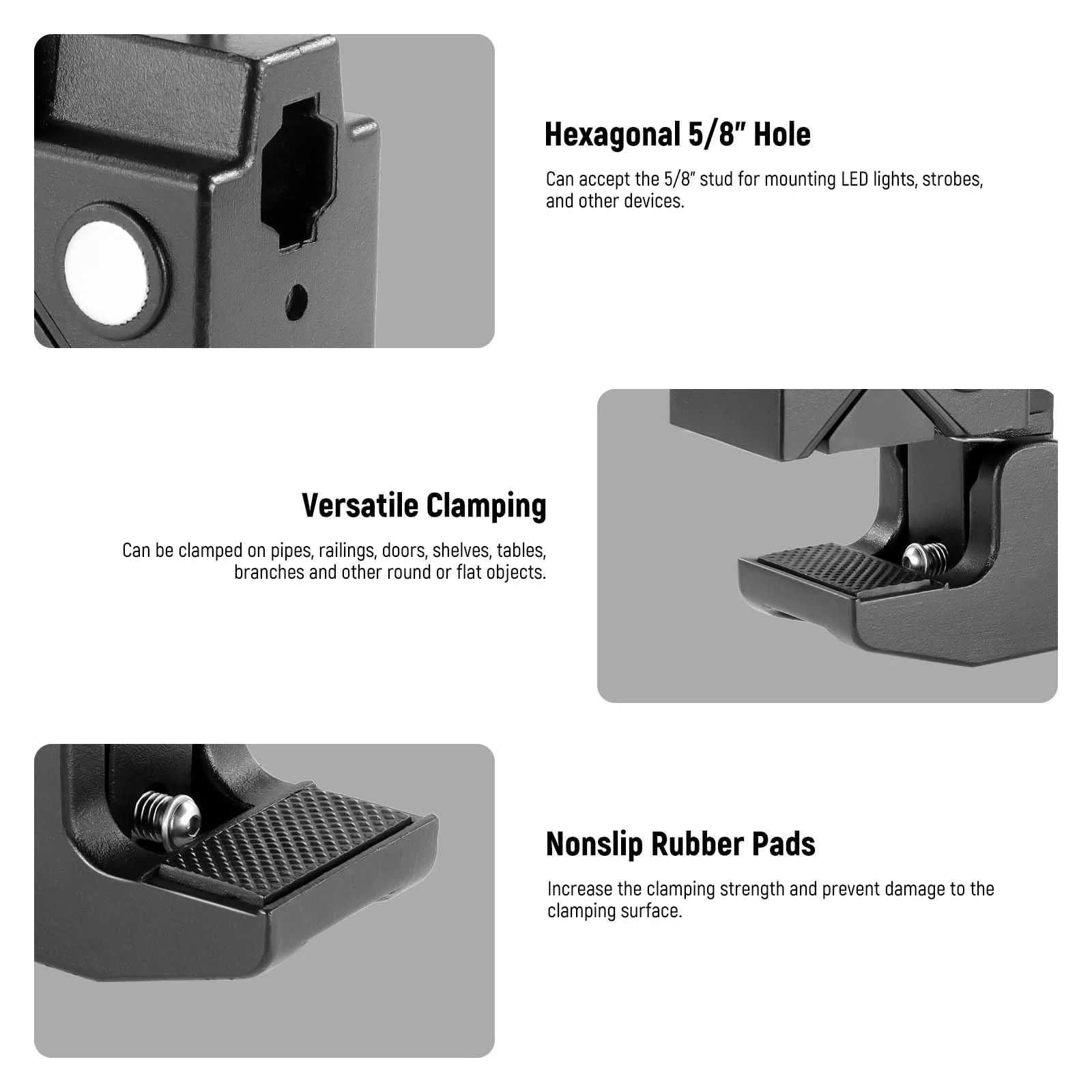 NEEWER Super Clamp with 5/8" Stud, Spring Lock, 2.4"/6cm Jaw Grip Heavy Duty Crab Pole Clamp for Round Pipe Flat Surface, for Photography Studio Camera & Lighting Mounting, Max Load 33lb/15kg, UA017 UA017(1 Pack） - Image 8