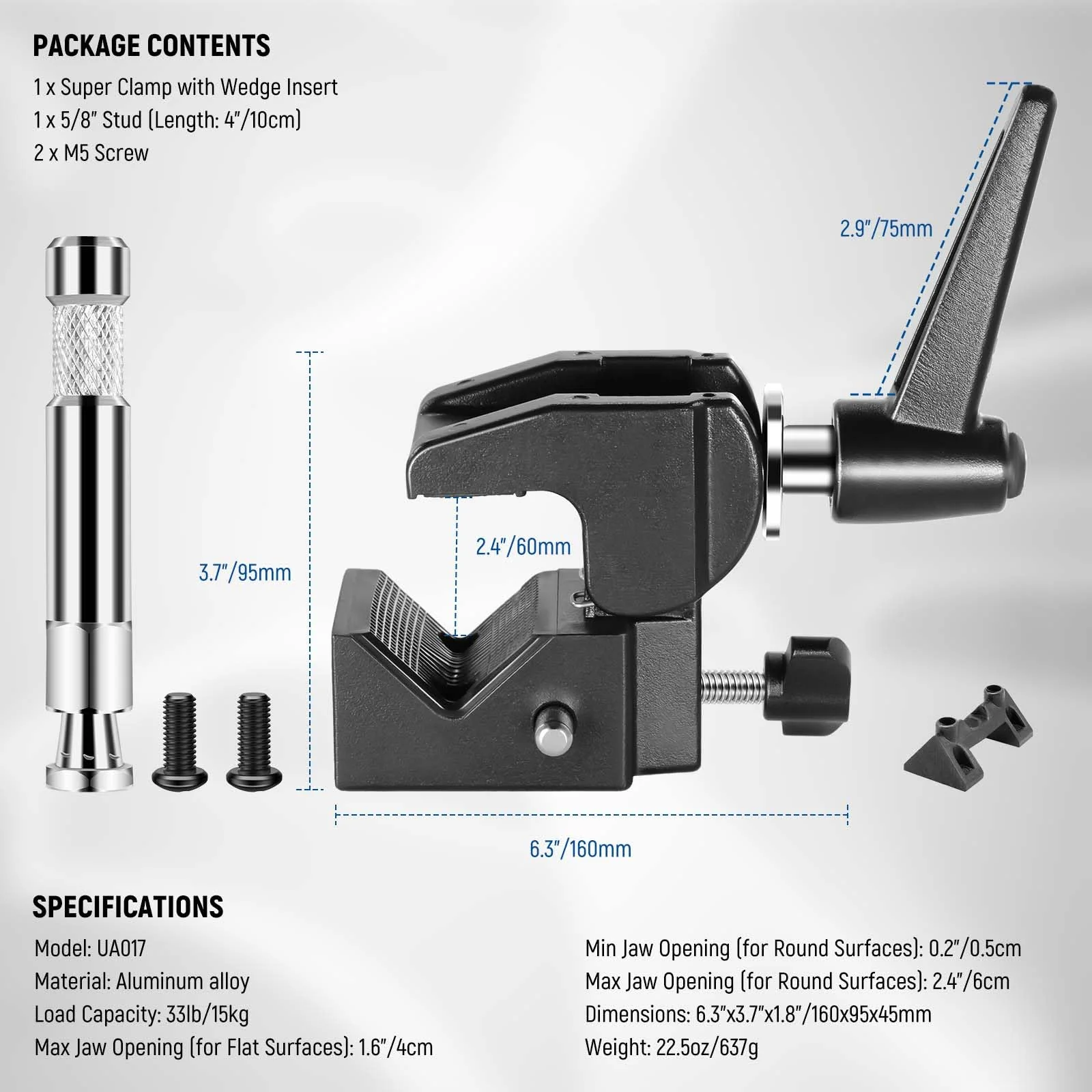 NEEWER Super Clamp with 5/8" Stud, Spring Lock, 2.4"/6cm Jaw Grip Heavy Duty Crab Pole Clamp for Round Pipe Flat Surface, for Photography Studio Camera & Lighting Mounting, Max Load 33lb/15kg, UA017 UA017(1 Pack） - Image 9