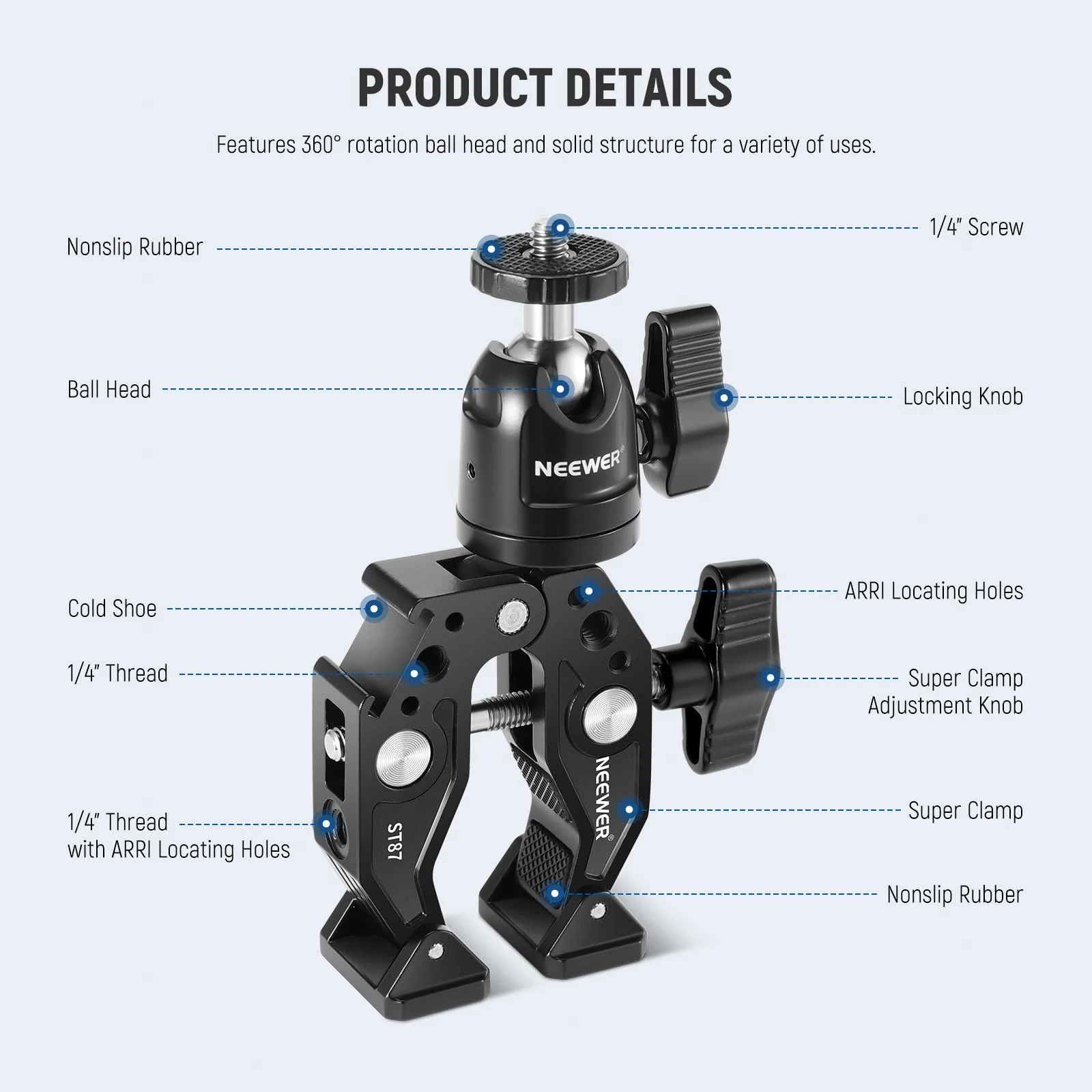 Neewer Super Clamp with Ballhead, Cold Shoe, Phone Holder and Action Camera Mount Adapter for Flat/Round Surface Compatible with GoPro DJI iPhone 15 Pro Max, ST87 - Image 2