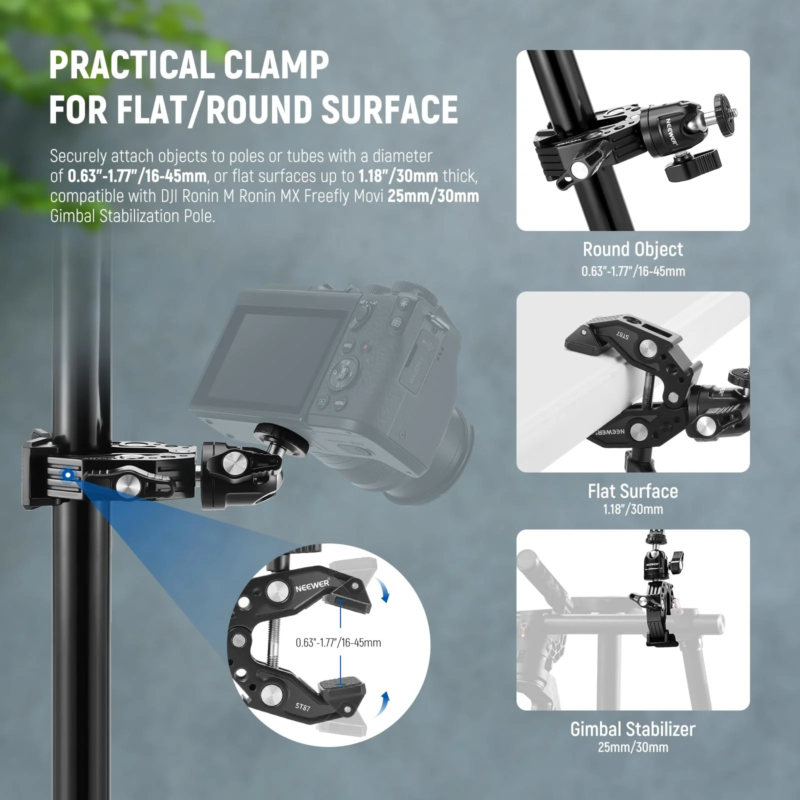 Neewer Super Clamp with Ballhead, Cold Shoe, Phone Holder and Action Camera Mount Adapter for Flat/Round Surface Compatible with GoPro DJI iPhone 15 Pro Max, ST87 - Image 3