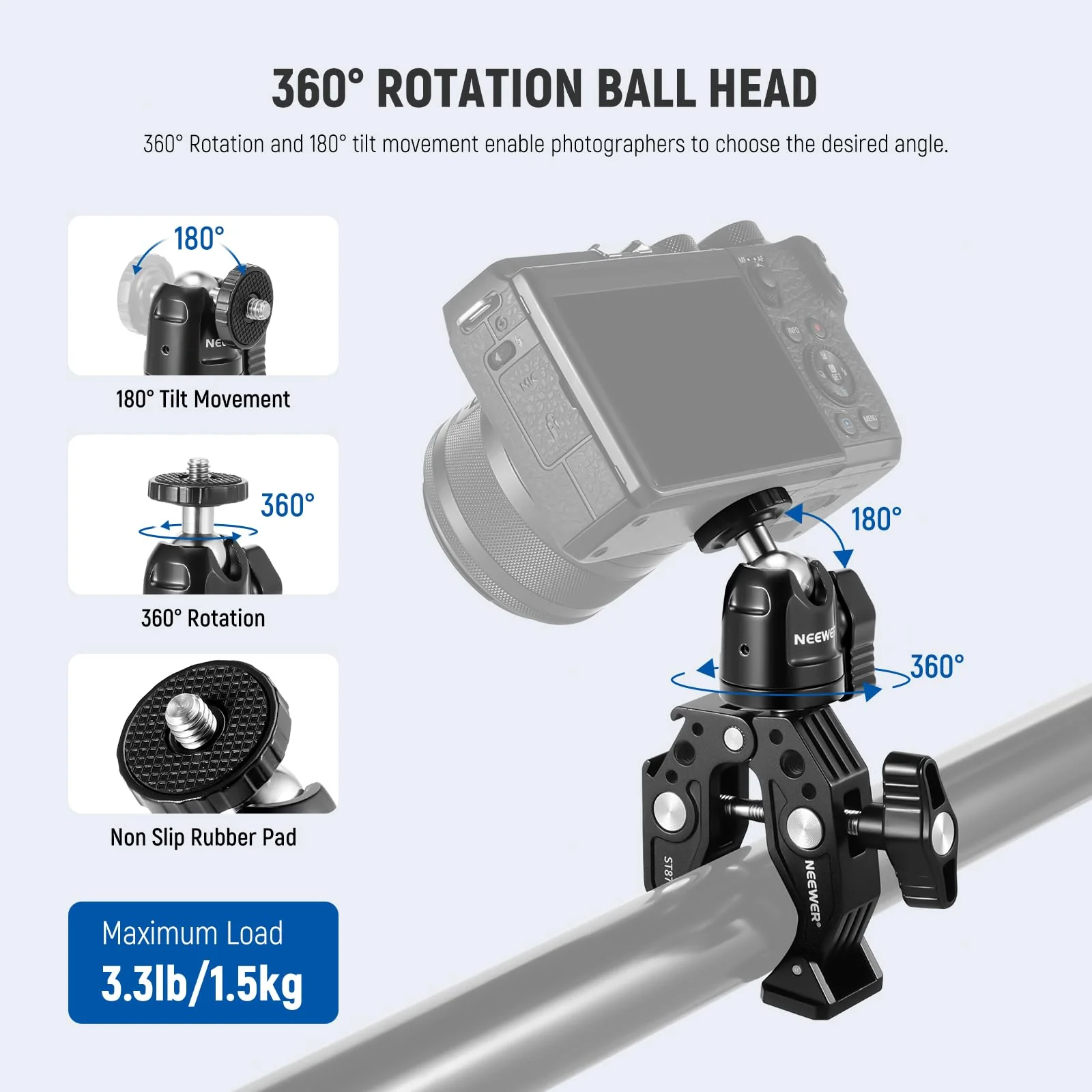 Neewer Super Clamp with Ballhead, Cold Shoe, Phone Holder and Action Camera Mount Adapter for Flat/Round Surface Compatible with GoPro DJI iPhone 15 Pro Max, ST87 - Image 4