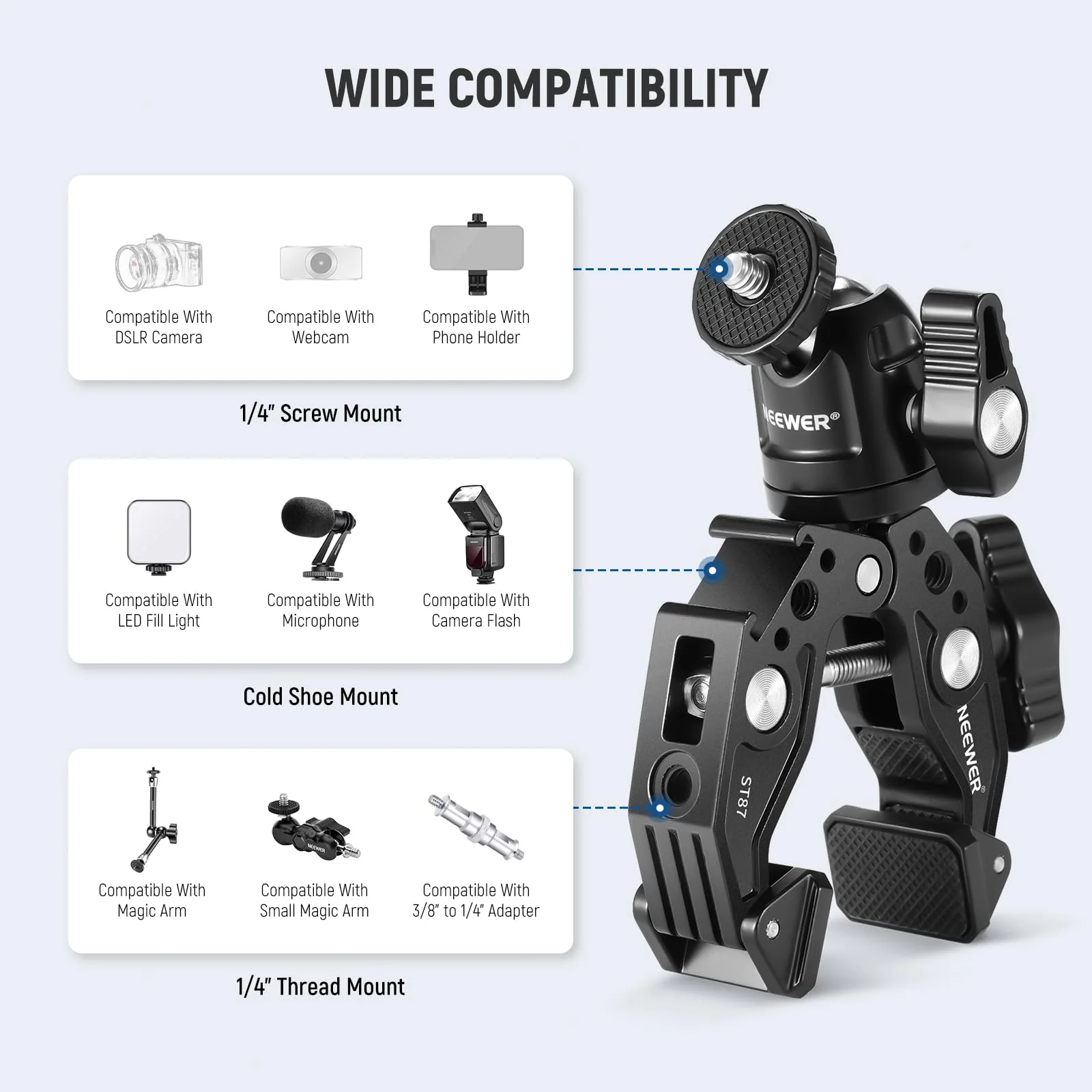 Neewer Super Clamp with Ballhead, Cold Shoe, Phone Holder and Action Camera Mount Adapter for Flat/Round Surface Compatible with GoPro DJI iPhone 15 Pro Max, ST87 - Image 5