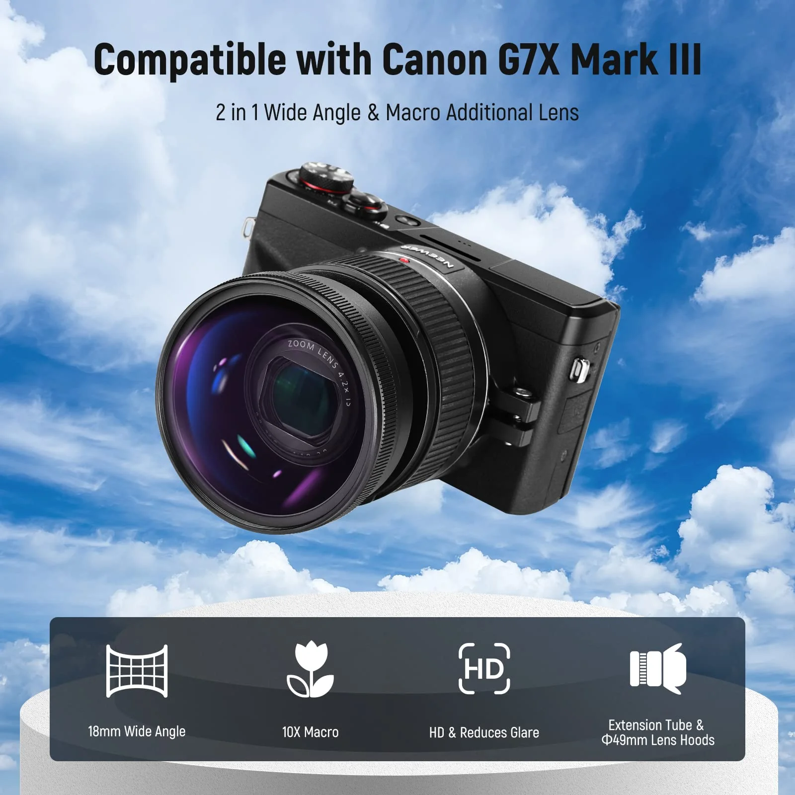 NEEWER Wide Angle Lens Compatible with Canon G7X Mark III Camera, 2 in 1 18mm HD Wide Angle & 10x Macro Additional Lens with Extension Tube, Bayonet Mount Lens Adapter, Cleaning Cloth - Image 2